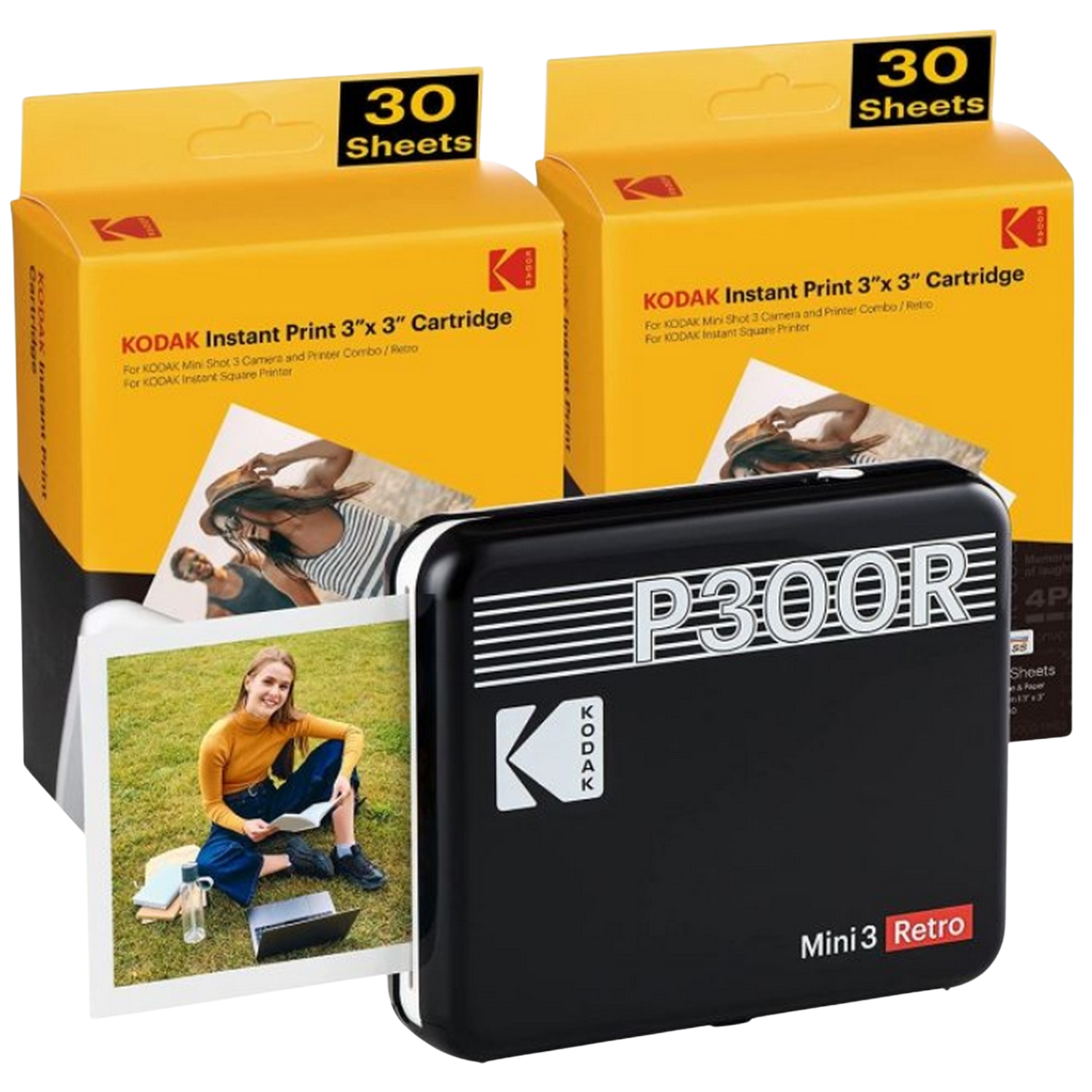 KODAK Imprimante photo portable Mini 3 Retro Noir + Lot de 60 papiers photo (P300RB60) Imprimante photo