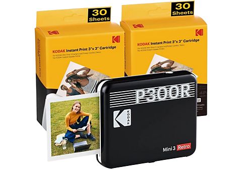 KODAK Draagbare fotoprinter Mini 3 Retro Zwart + Pak van 60 fotopapieren (P300RB60)