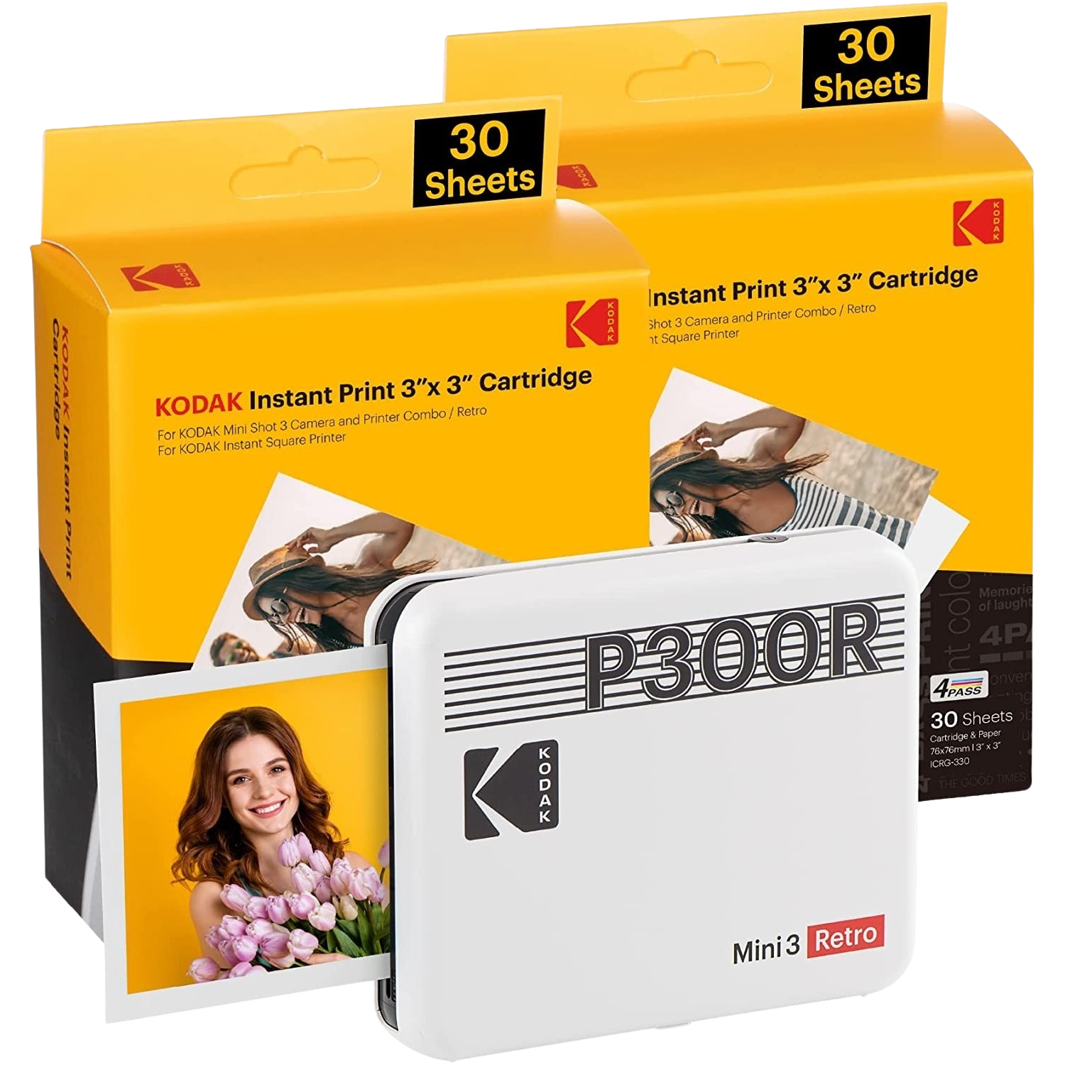 KODAK Imprimante photo portable Mini 3 Retro Blanc + Lot de 60 papiers photo (P300RW60) Imprimante photo