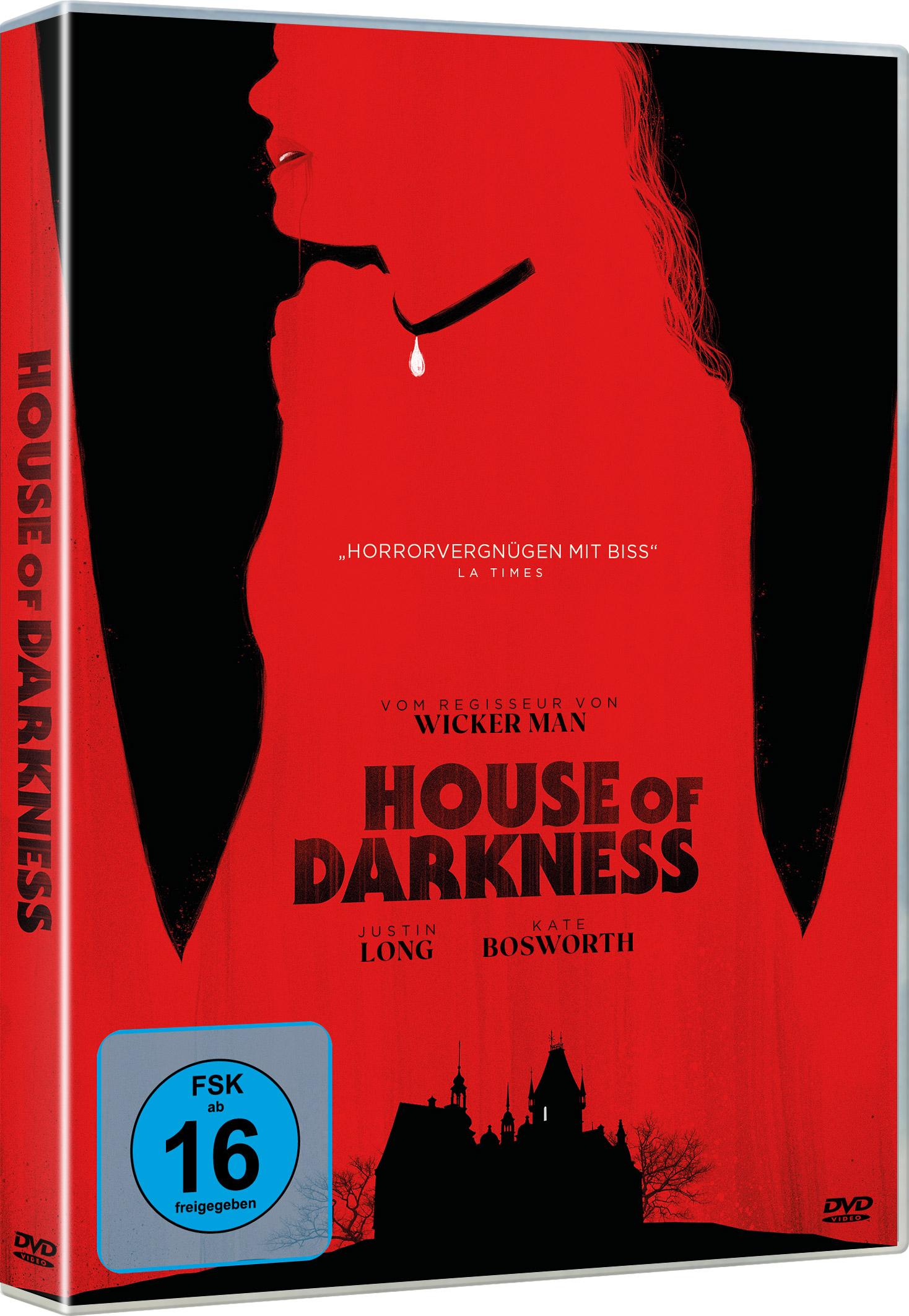 Roter DVD-Koffer mit dem Titel 'House of Darkness'. Eine Frauensilhouette ist zu sehen, mit dunklem Hintergrund.