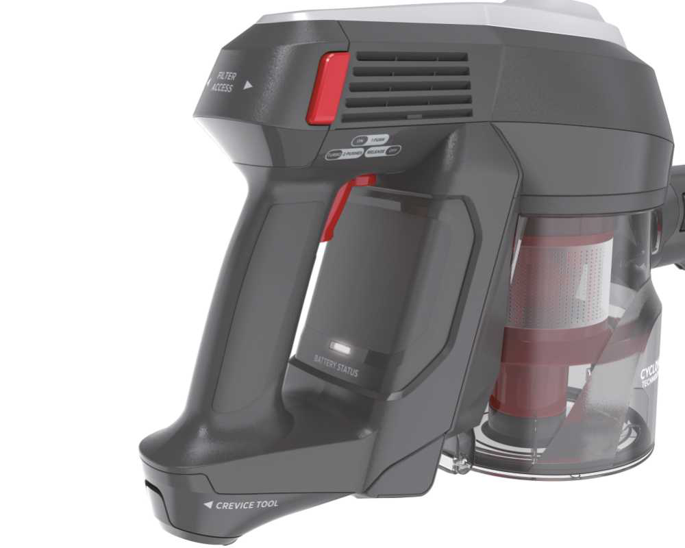 Aspirapolvere portatile, grigio e nero con accenti rossi, che mostra lo stato della batteria.