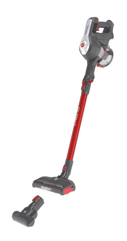 Un aspirapolvere senza fili rosso e grigio con un accessorio extra, sfondo bianco.