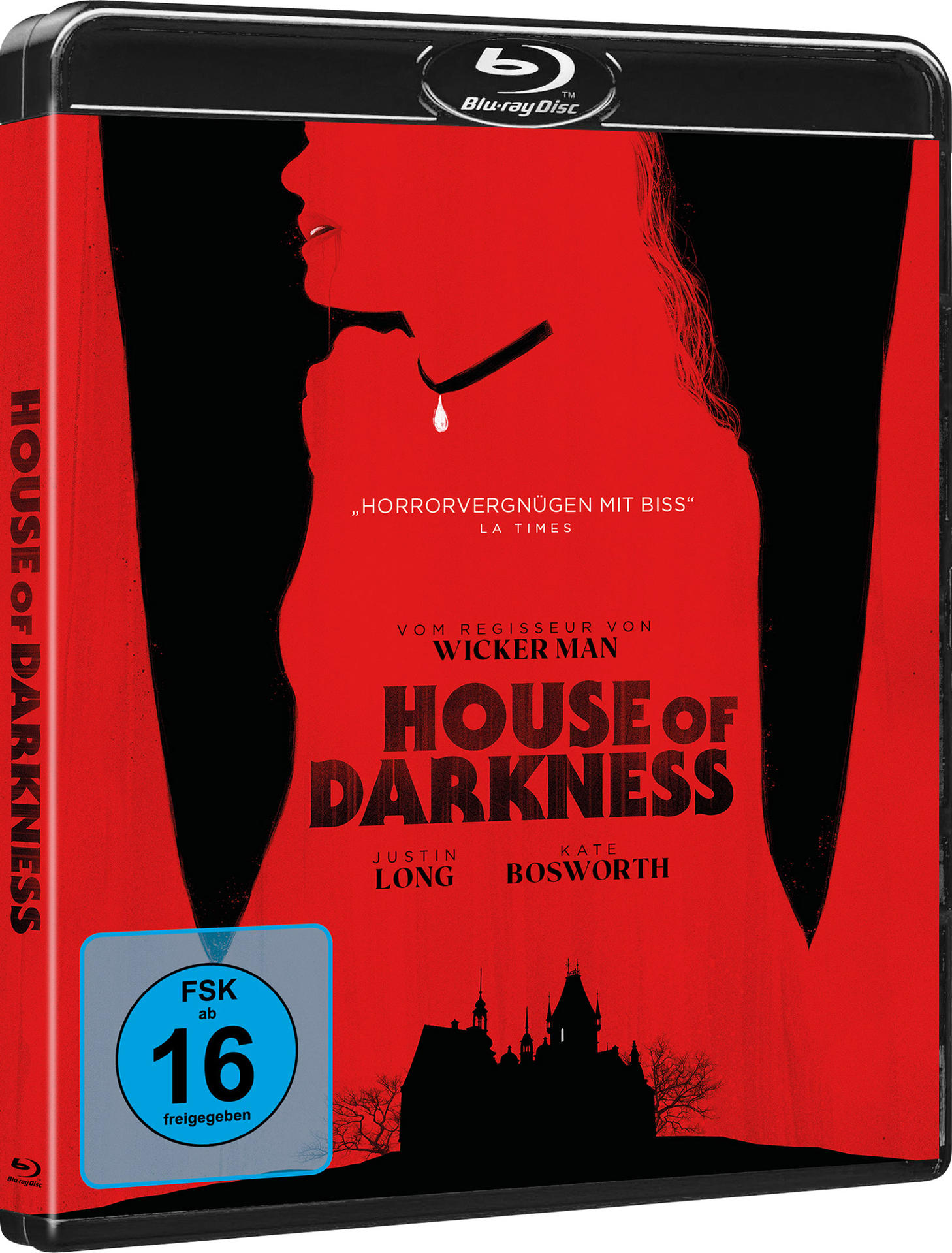 Filmcover, roter Hintergrund, Silhouette einer Frau. Titel: HOUSE OF DARKNESS.