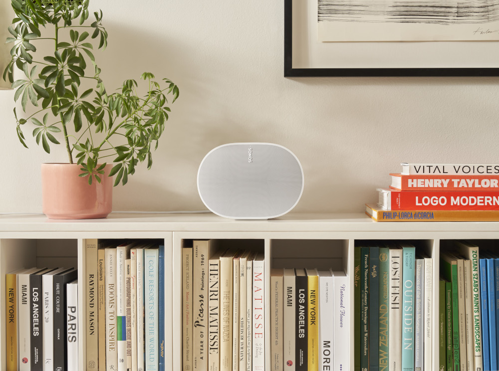 White oval speaker on a shelf with books and a plant in a pink pot.