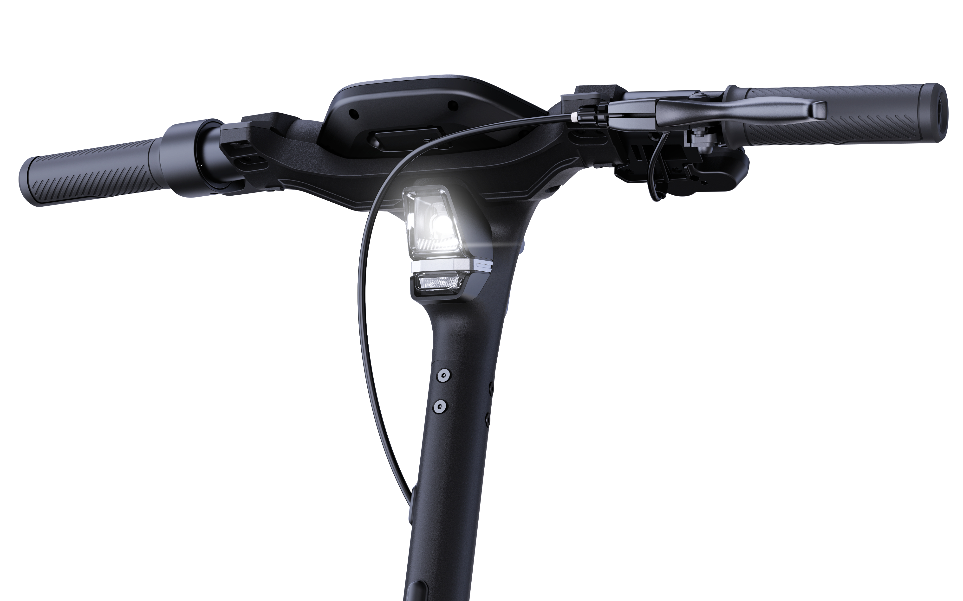 Nahaufnahme eines schwarzen Elektroroller-Lenkers mit Licht.