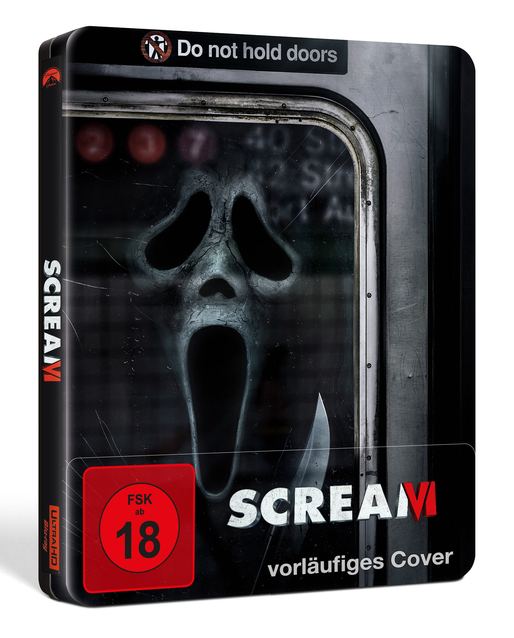 Eine Scream VI Blu-ray-Filmhülle mit einer gruseligen Maske.