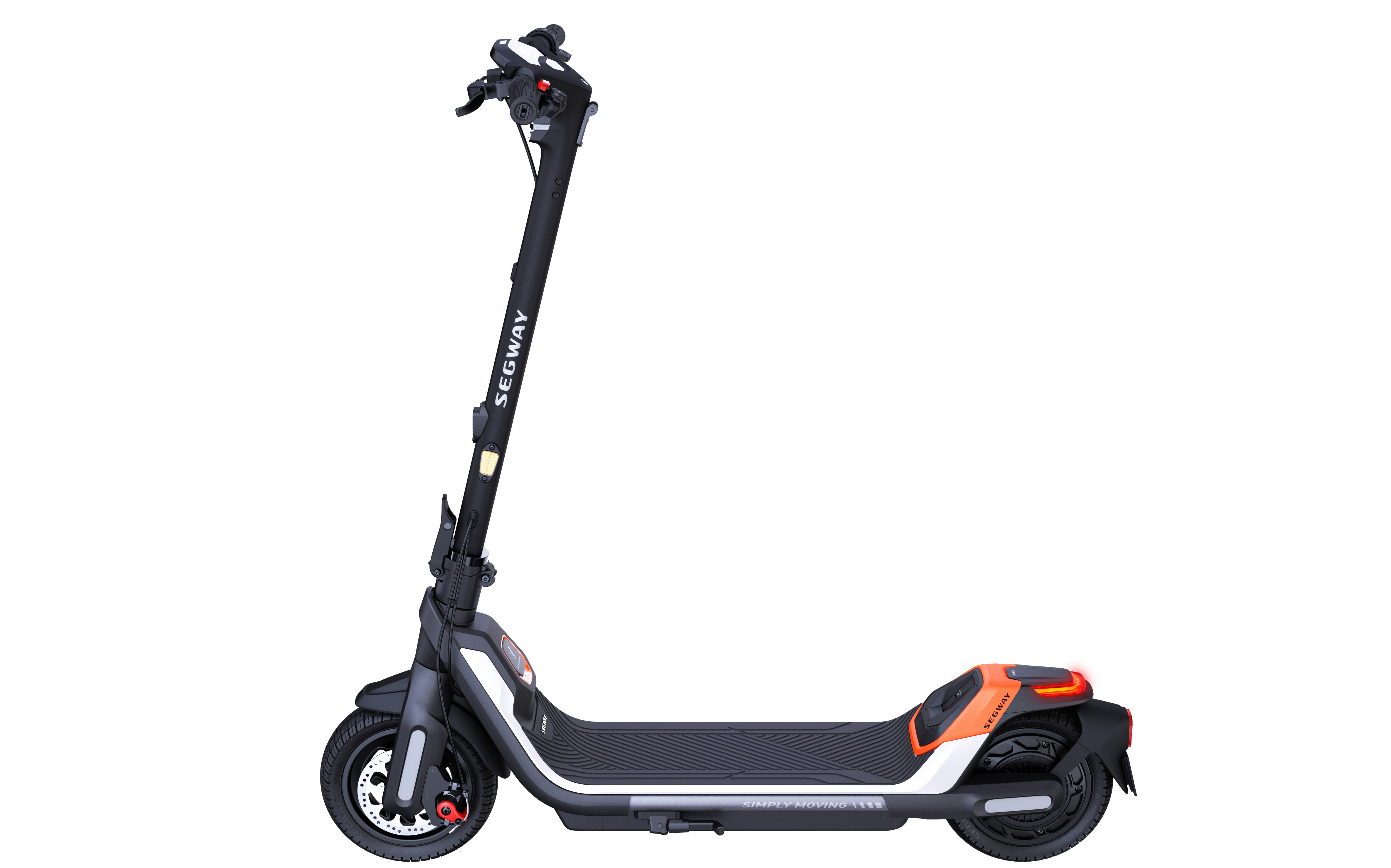 Schwarzer und orangefarbener Segway-Elektroroller. Schwarzer Lenker, Deck und Räder. Weiße Akzente.
