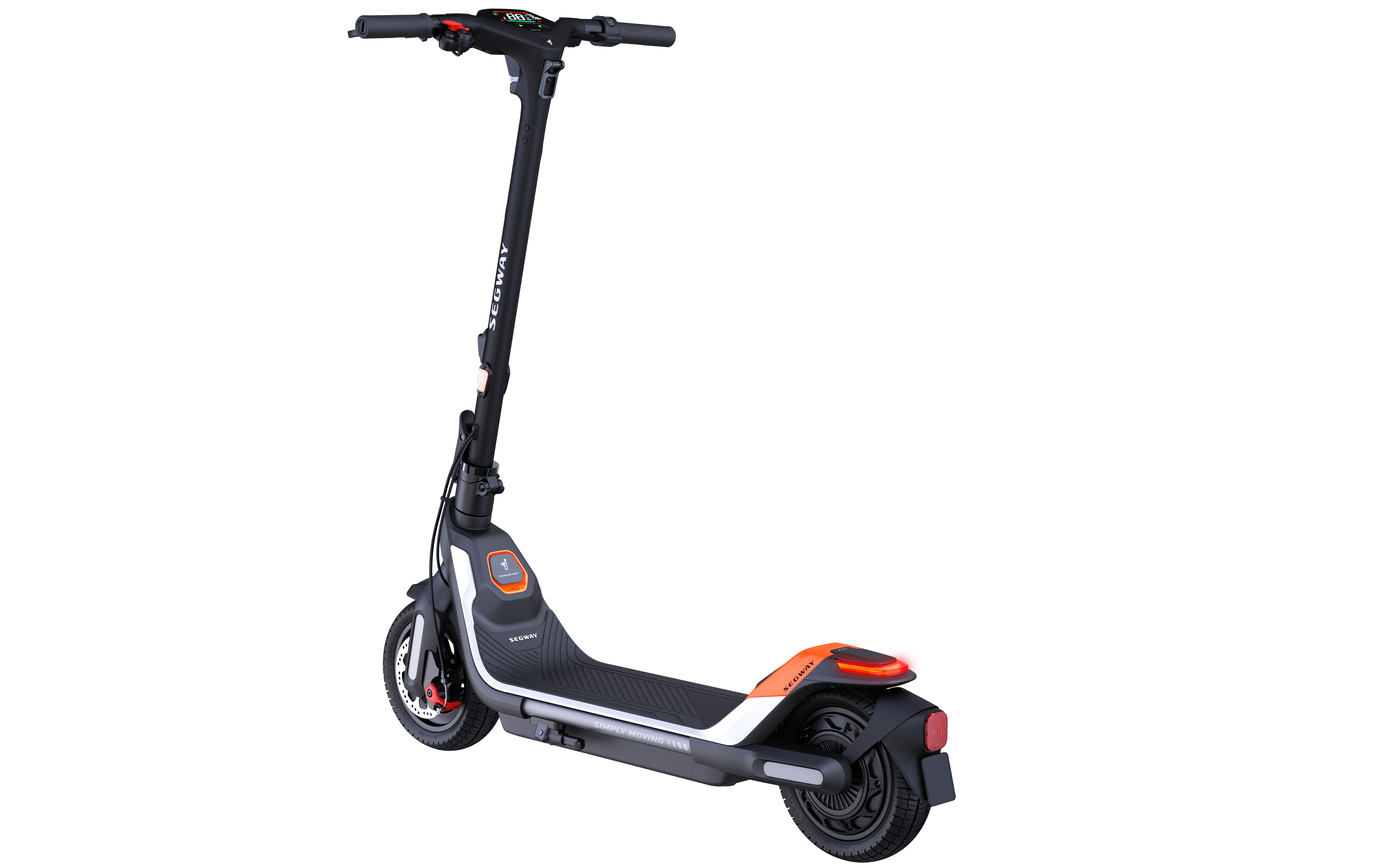 Elektroroller. Er ist schwarz und orange, von der Seite gesehen. Der Lenker ist sichtbar.