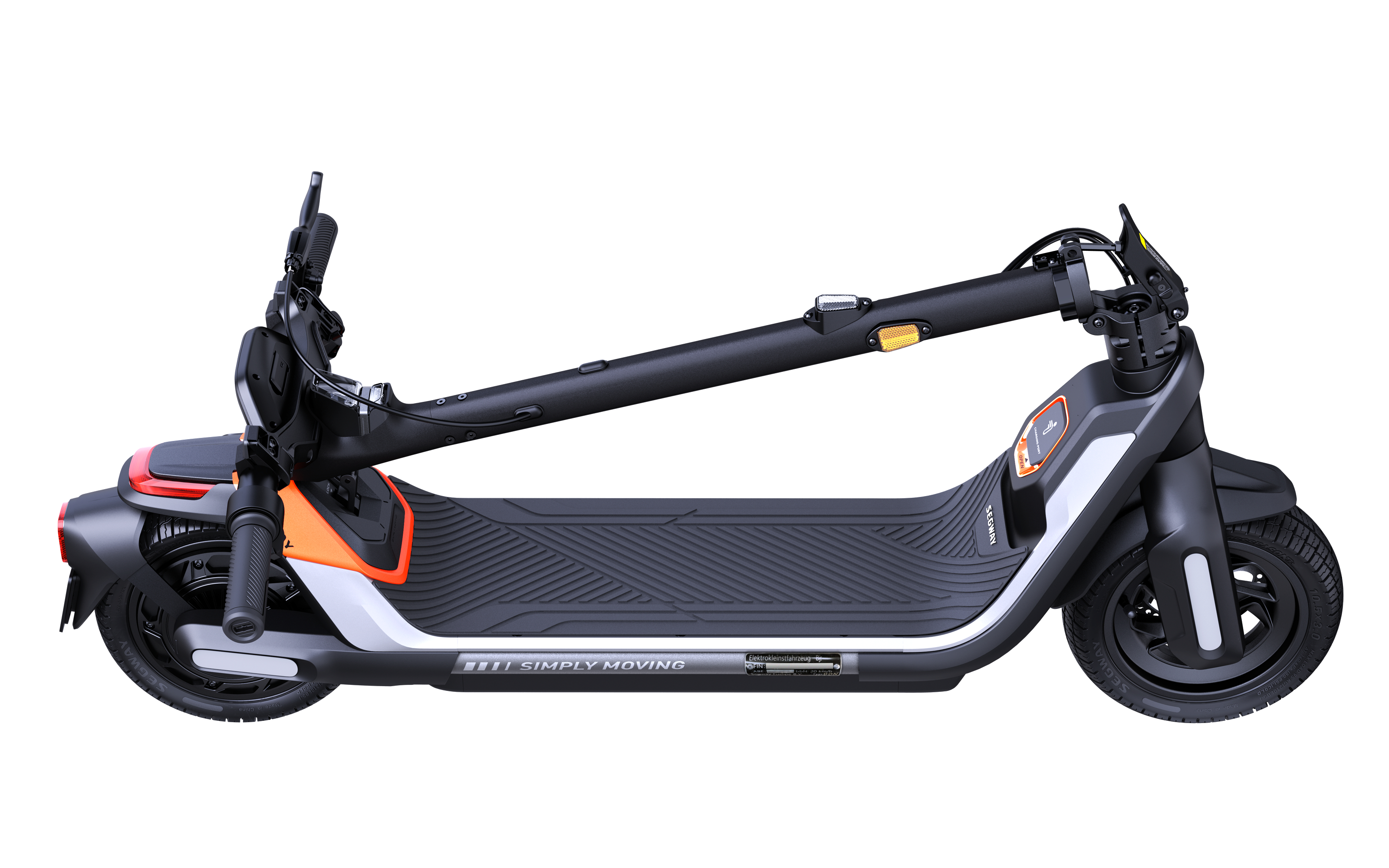 Schwarzer und grauer Elektroroller mit orangefarbenen Akzenten, von der Seite gesehen.