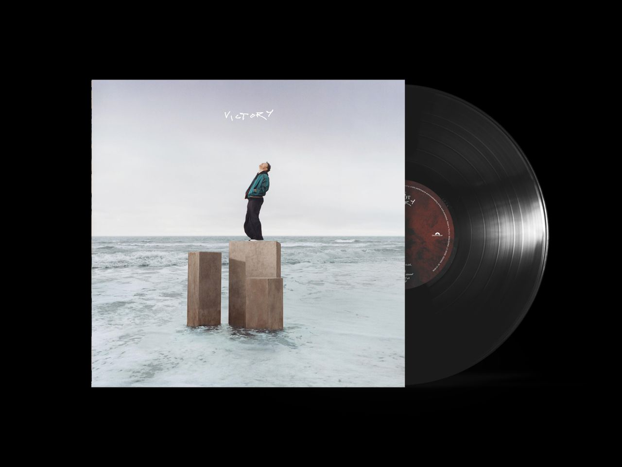 Albumcover mit Person auf Blöcken, Titel 'Victory'. Schwarze Vinyl-Schallplatte sichtbar.