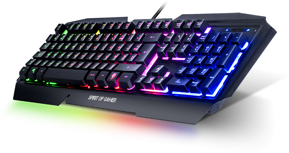 Fekete gamer billentyűzet színes LED-ekkel és a "SPIRIT OF GAMER" felirattal.