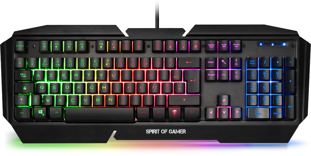 Fekete gamer billentyűzet szivárványos világítással, koponya logóval és 'SPIRIT OF GAMER' szöveggel.