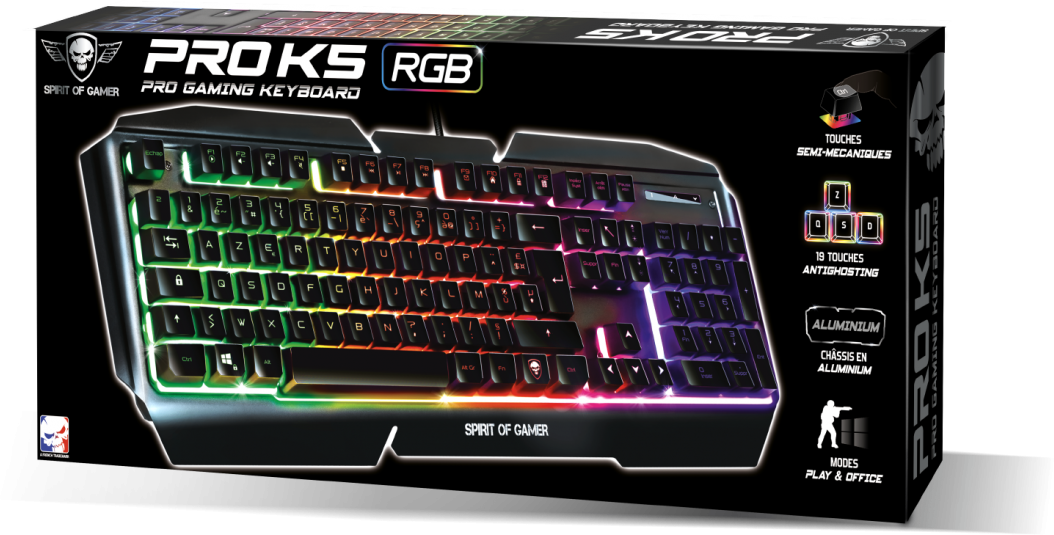 Billentyűzet dobozban, RGB színekkel megvilágítva. Szöveg: PRO K5 RGB.