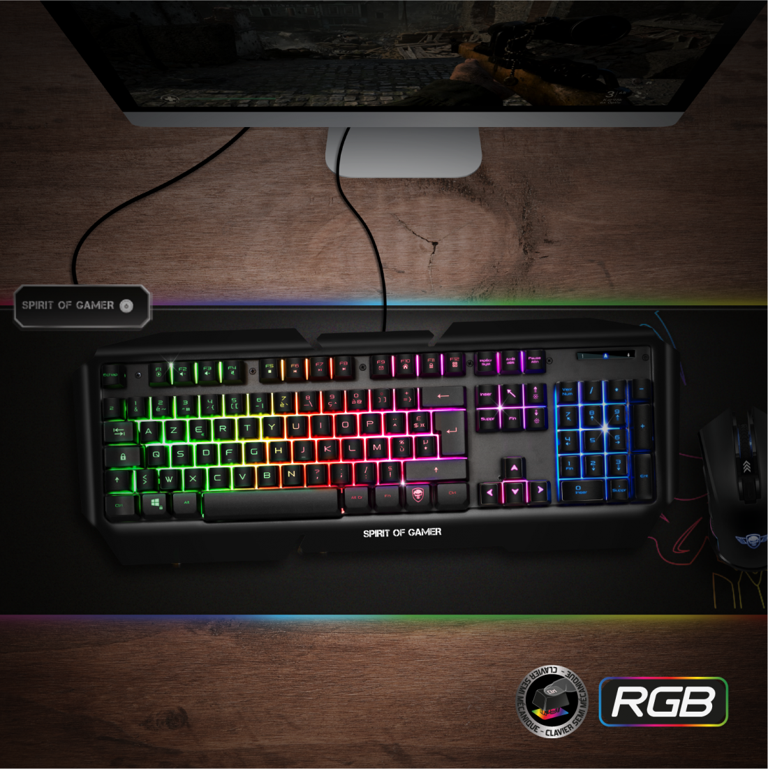 Fekete gamer billentyűzet színes háttérvilágítású gombokkal. Egér és monitor egy fa asztalon.