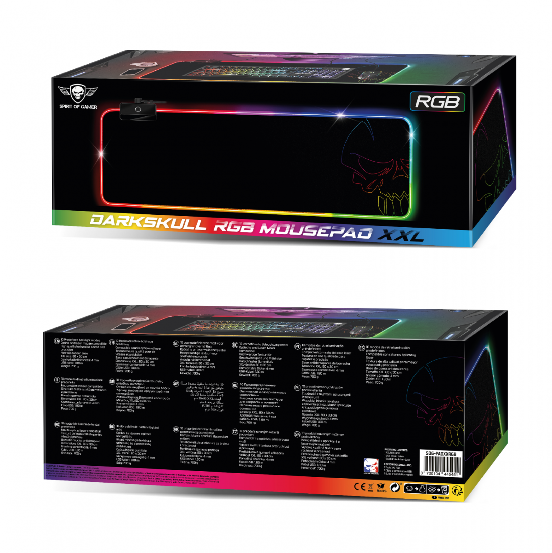 Fekete RGB egérpad doboz koponya mintával és színes fényekkel. A háttér fehér.