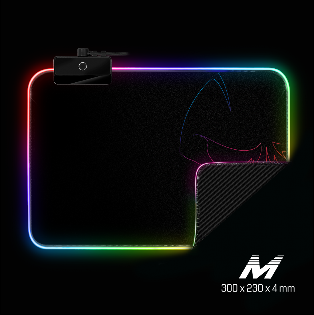 RGB gamer egérpad, fekete, színes szegéllyel és logóval.