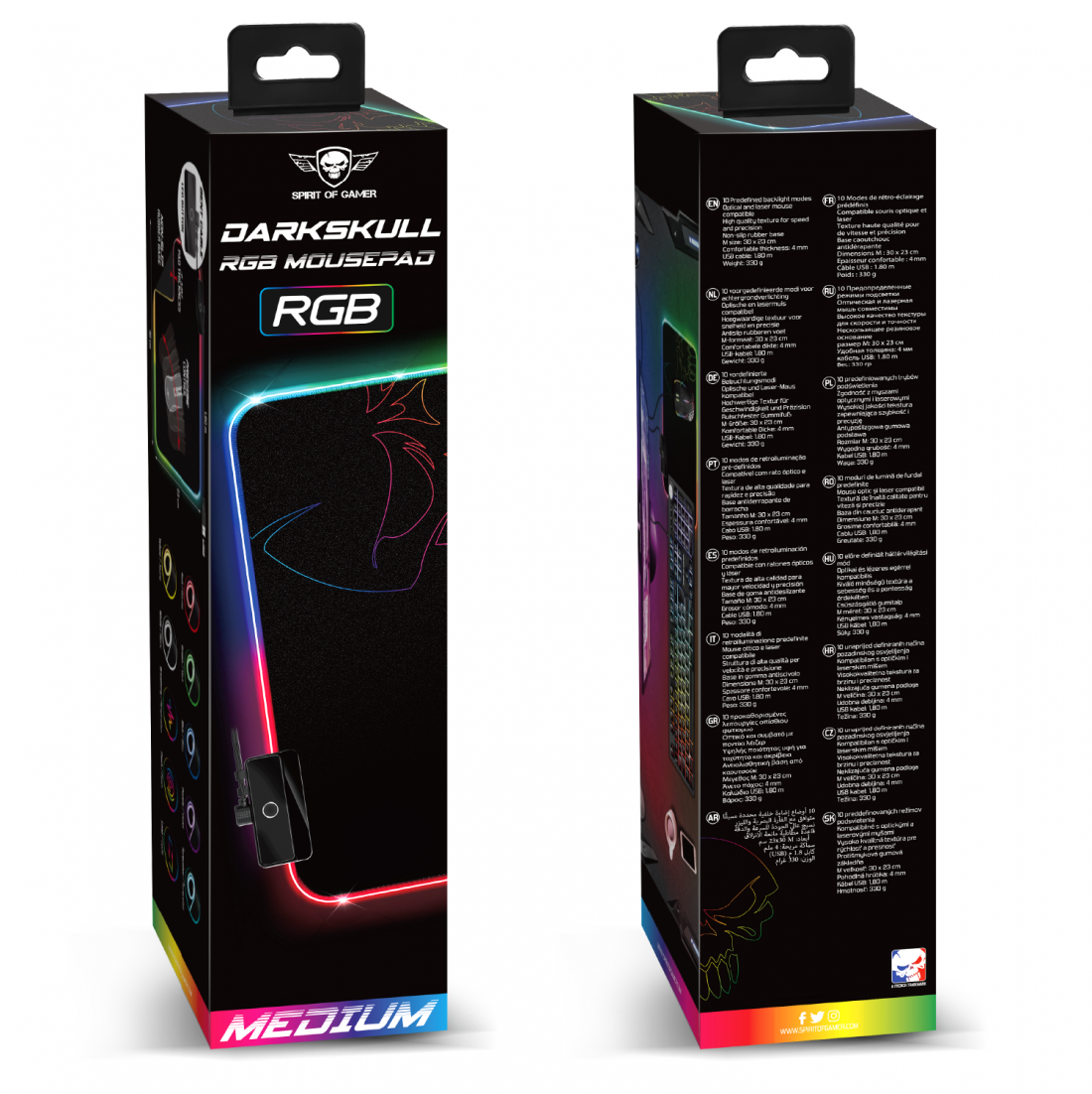 Gaming egérpad doboza. A doboz fekete, RGB világítású. A márka a Darkskull.