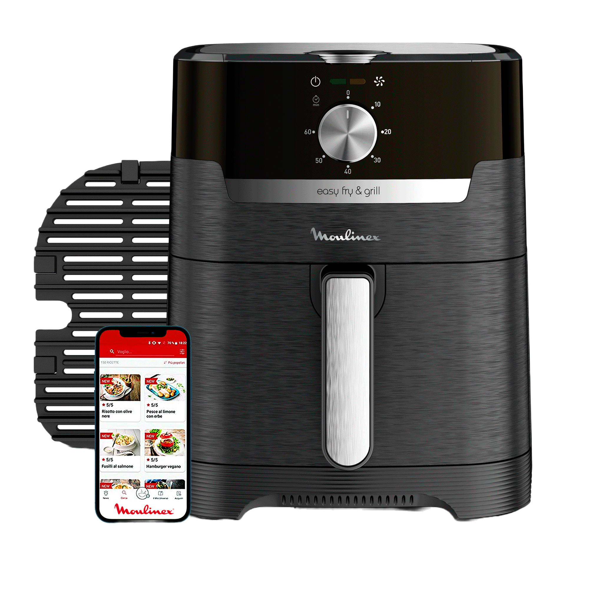 Freidora de aire Moulinex Easy Fry & Grill, negra, con accesorios y app móvil.
