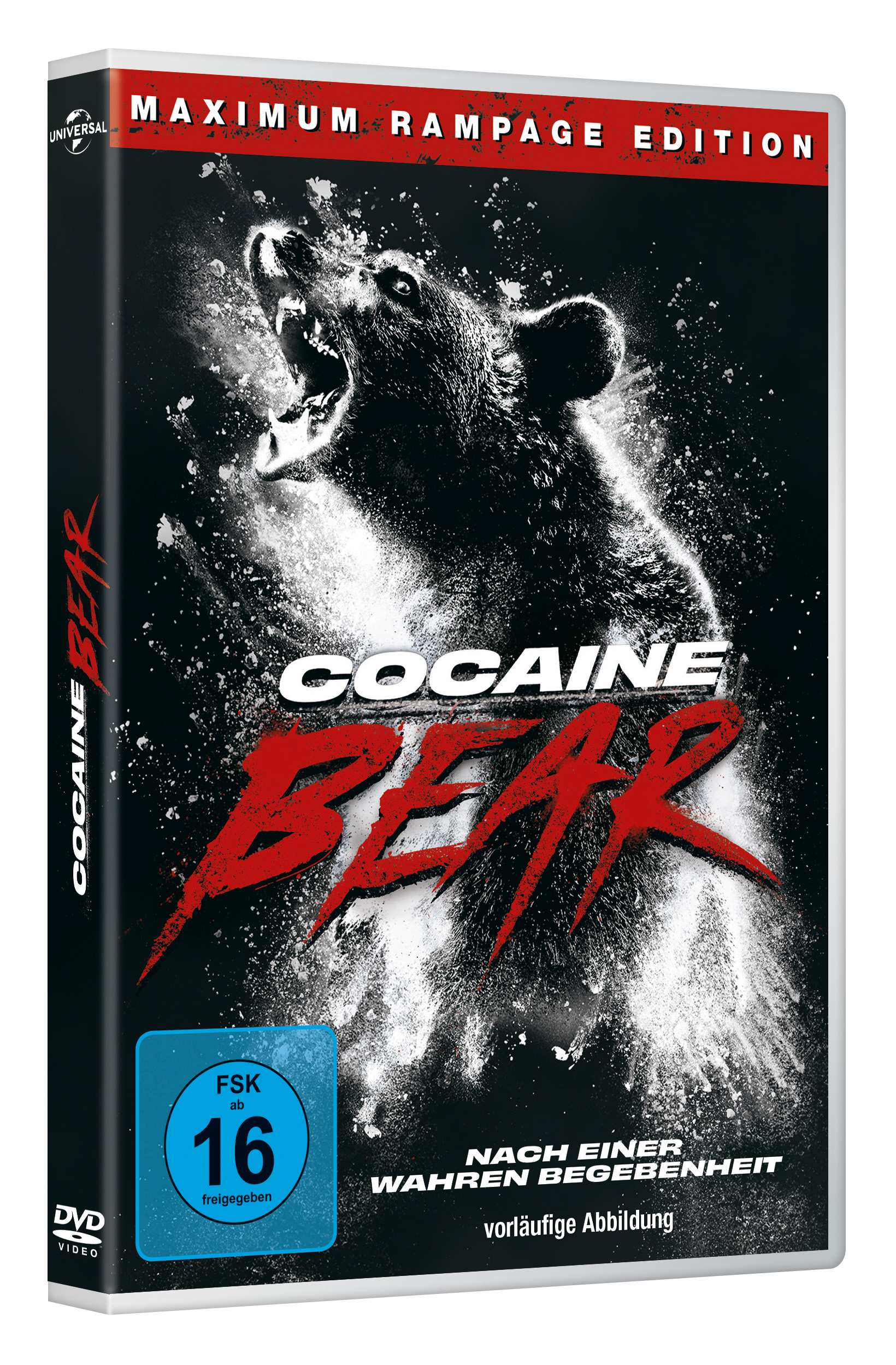 DVD-Hülle von 'Cocaine Bear' mit einem Bären mit offenem Maul.