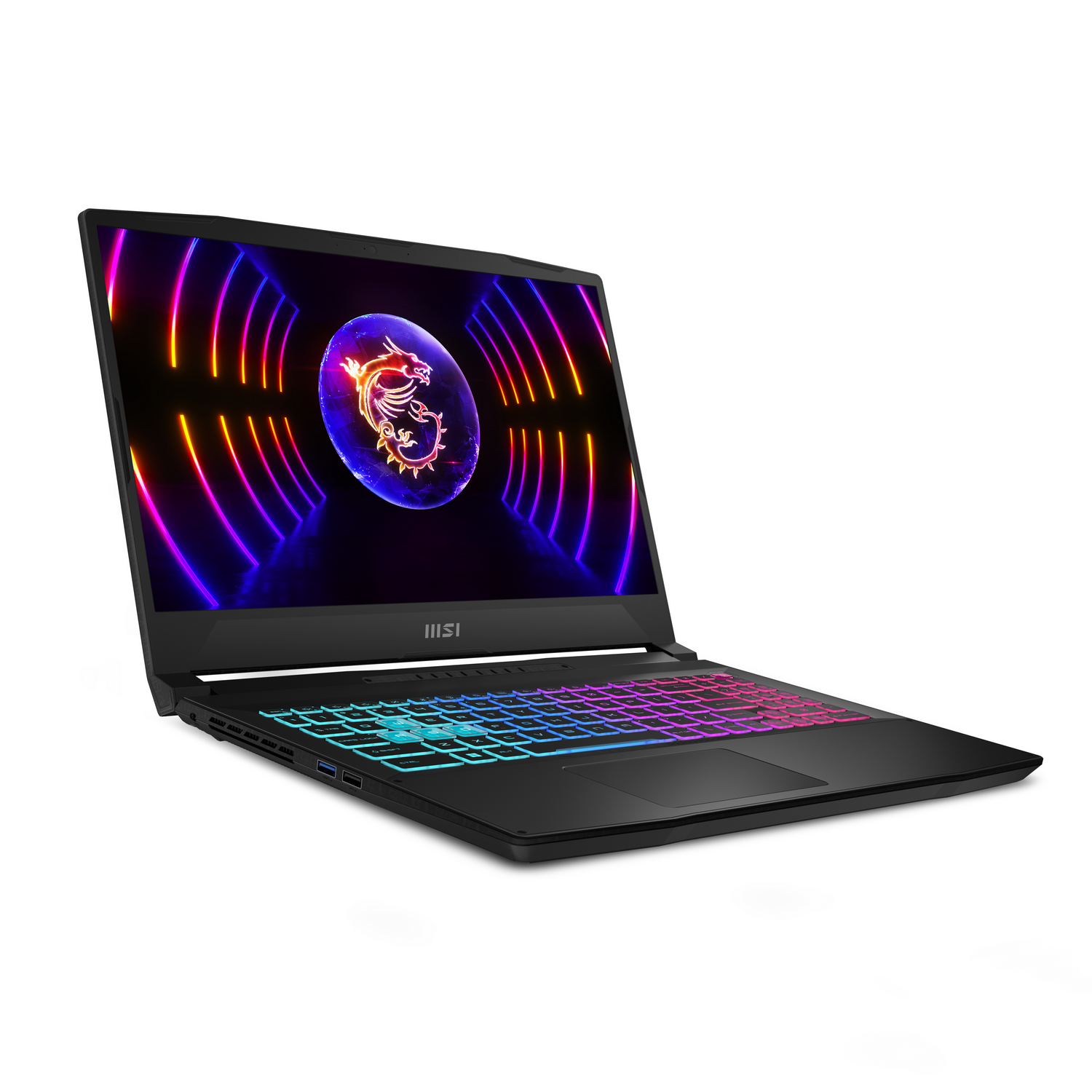 Un ordenador portátil negro con un teclado colorido, que muestra un icono de dragón en la pantalla.