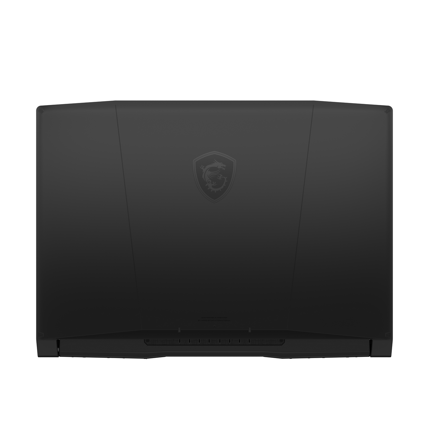 Tapa de portátil negra con logotipo central. Diseño elegante y minimalista.
