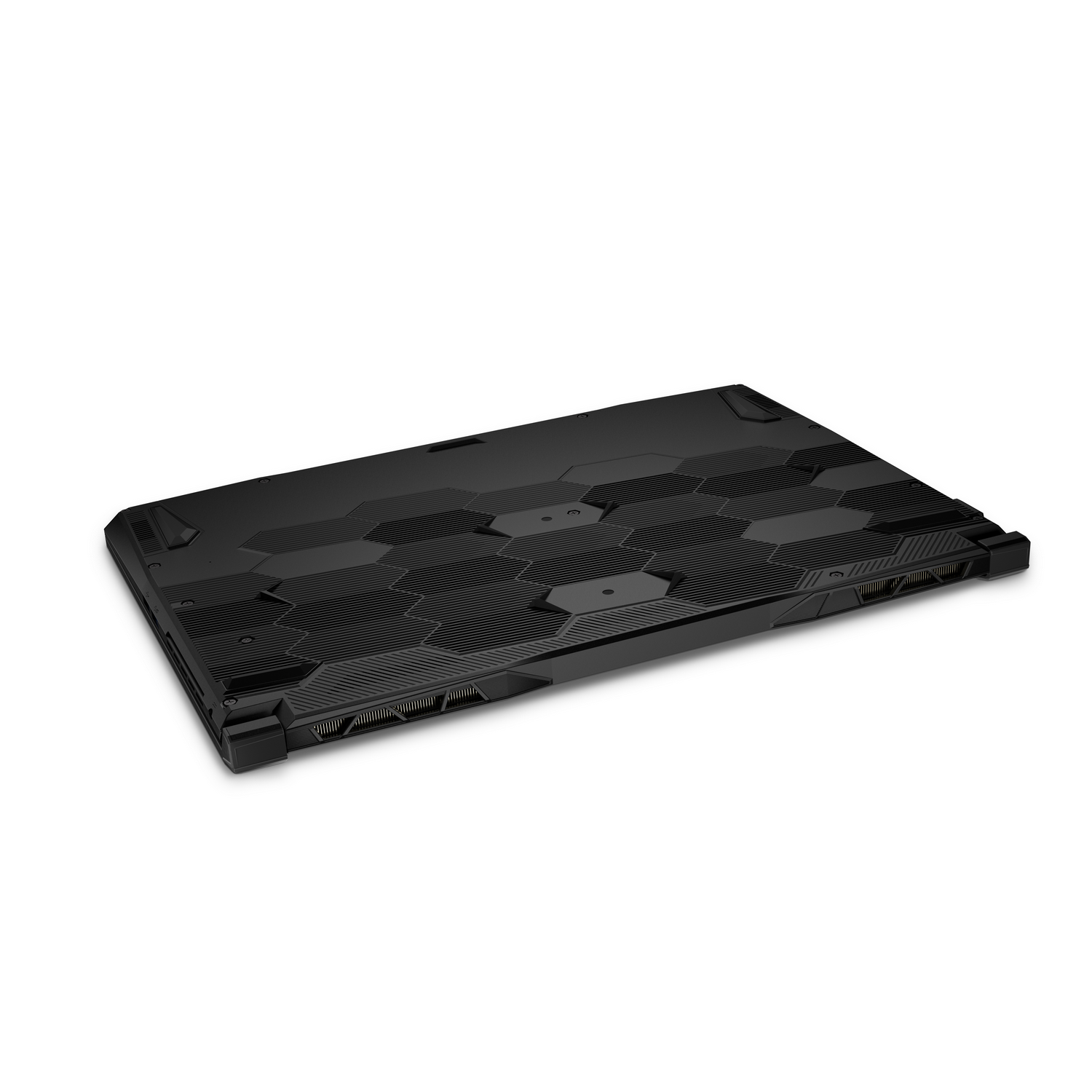 Ordenador portátil negro, vista superior. La superficie tiene una textura estampada con ventilaciones y un logotipo.