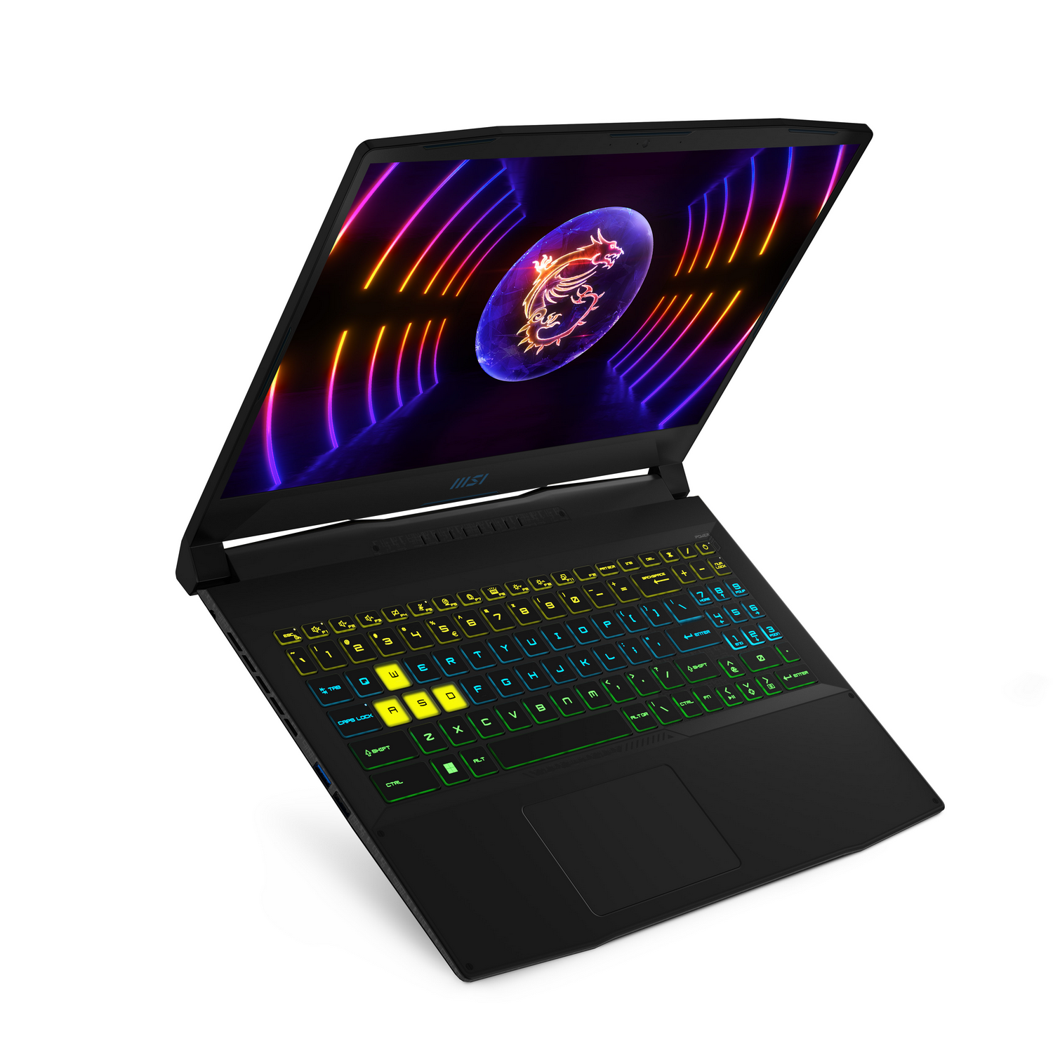 Laptop MSI gaming negro inclinado hacia arriba, con teclado colorido y logo de dragón en pantalla.
