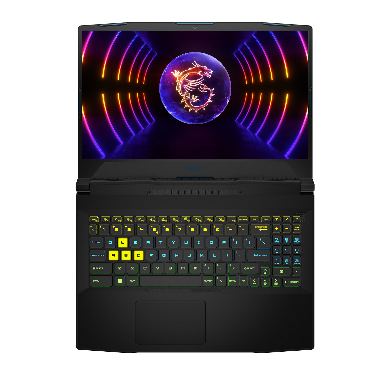 Ordenador portátil con pantalla abierta. Muestra un logotipo de dragón y luces coloridas.