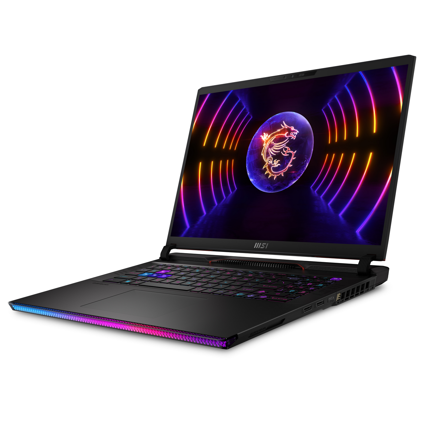 Portátil MSI con teclado colorido, pantalla muestra logo de dragón con líneas coloridas.