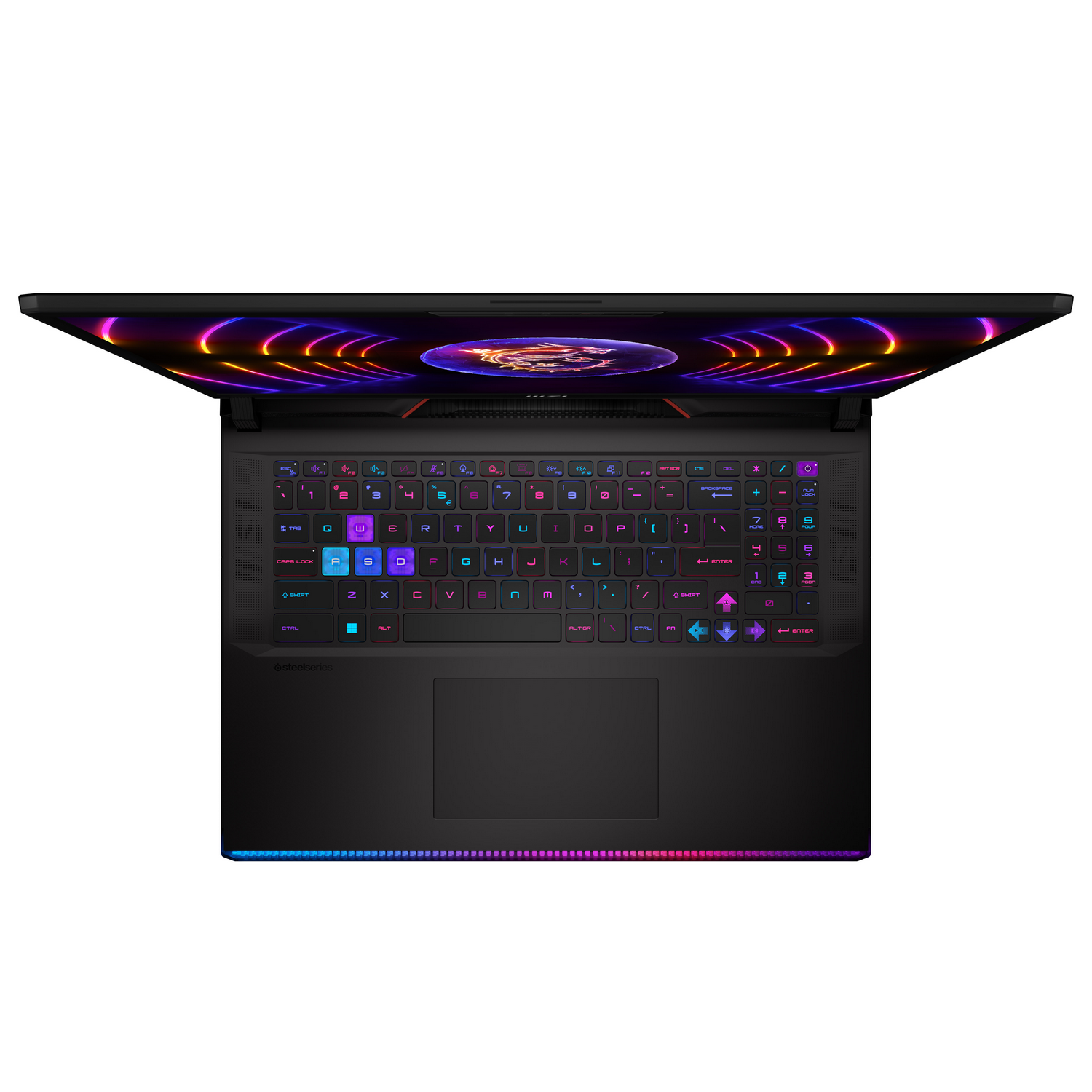 Un portátil con un teclado colorido y una tapa estampada.