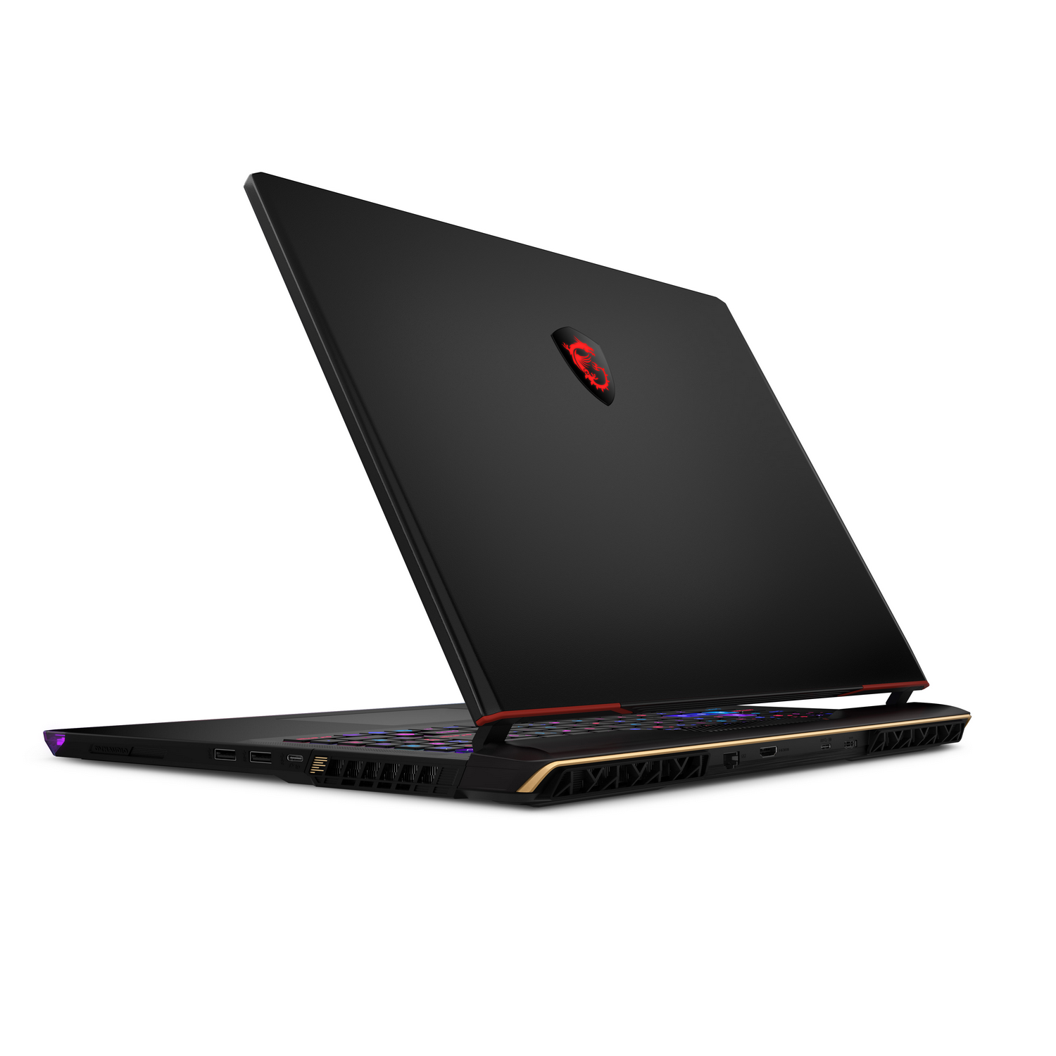 Portátil negro con un logotipo rojo en la parte trasera, ligeramente abierto.