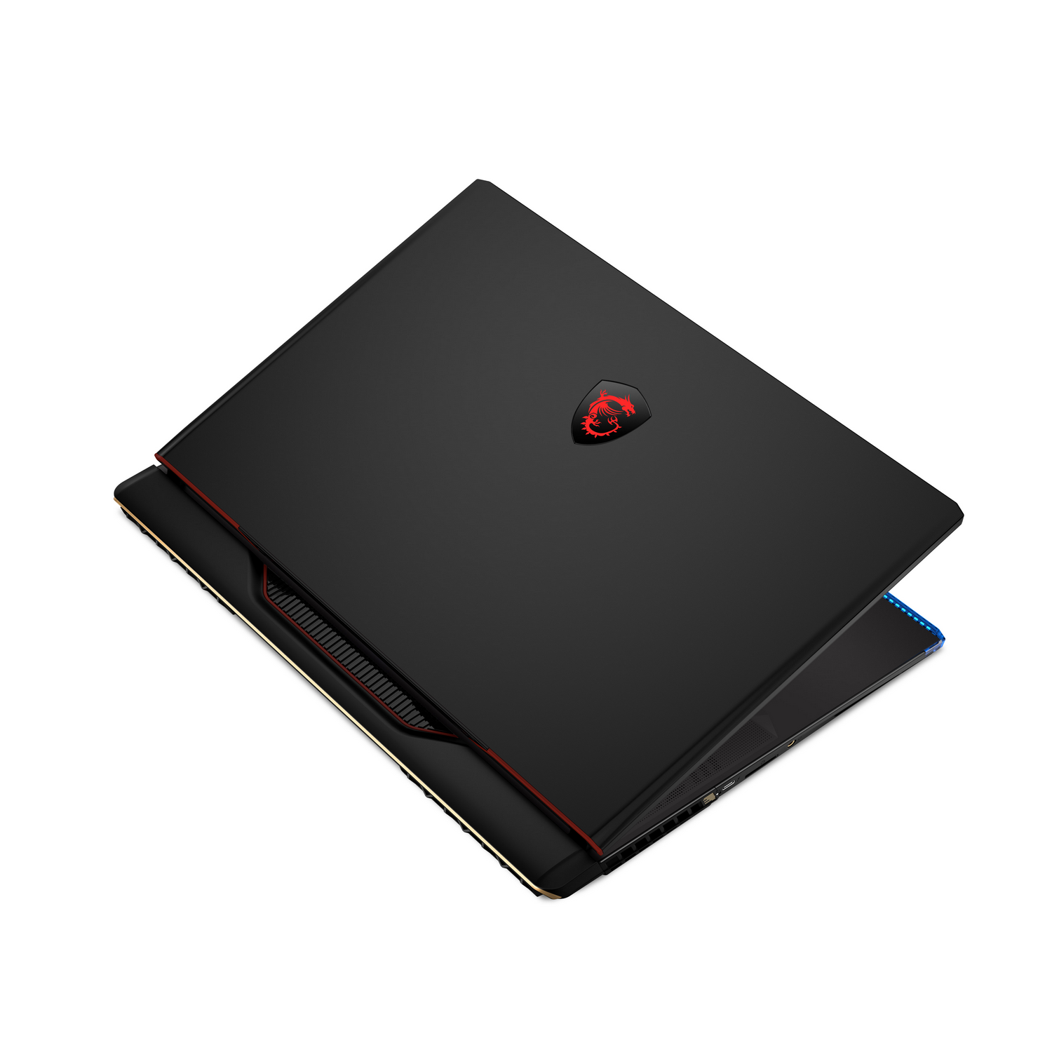 Portátil negro con logo rojo en la tapa, ligeramente abierto, en ángulo sobre fondo blanco.