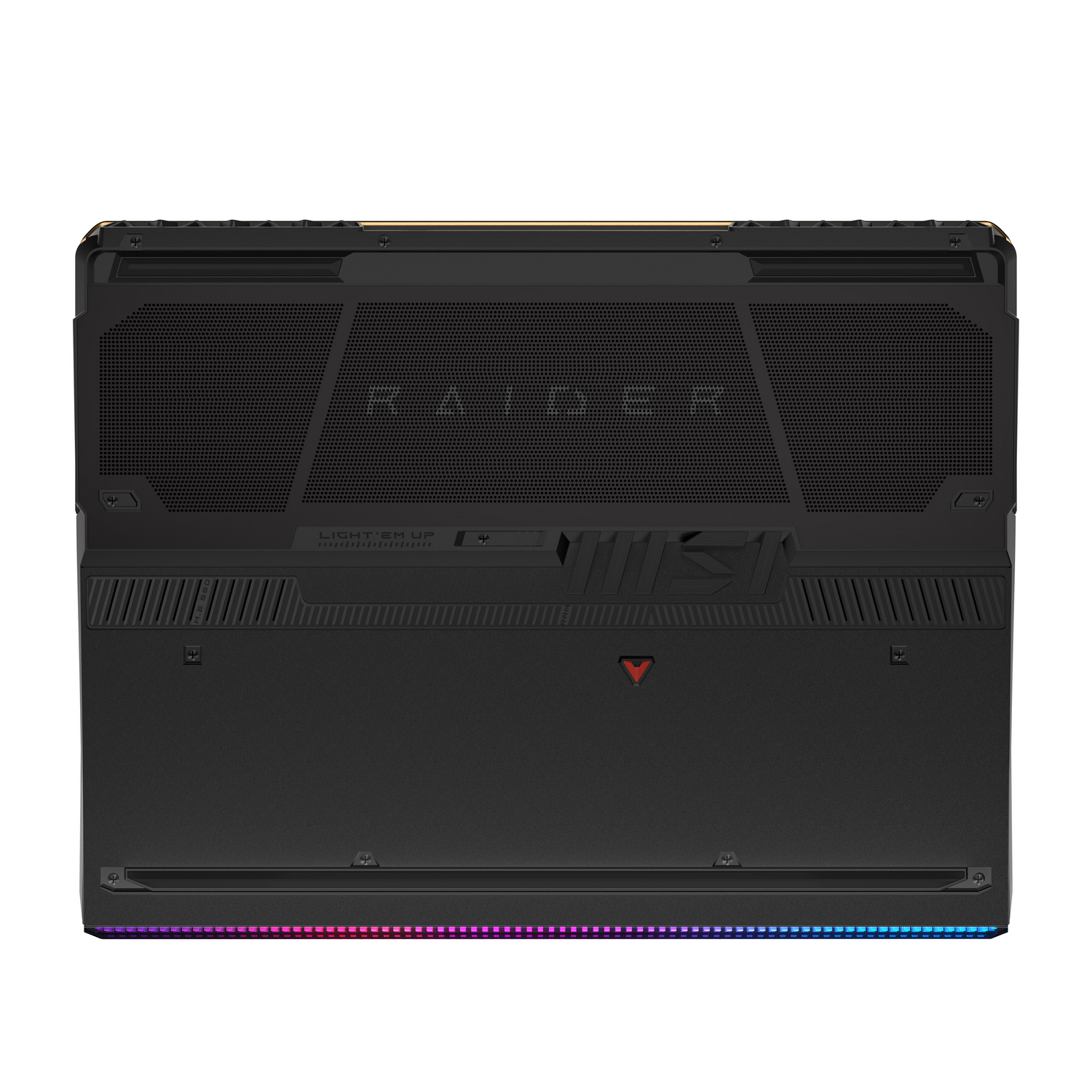 La parte trasera de una computadora portátil negra con la palabra RAIDER en la parte superior.