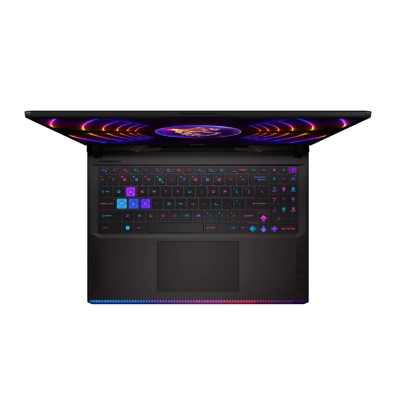 Vista superior del portátil. Teclado negro con teclas coloridas. Pantalla con logo.