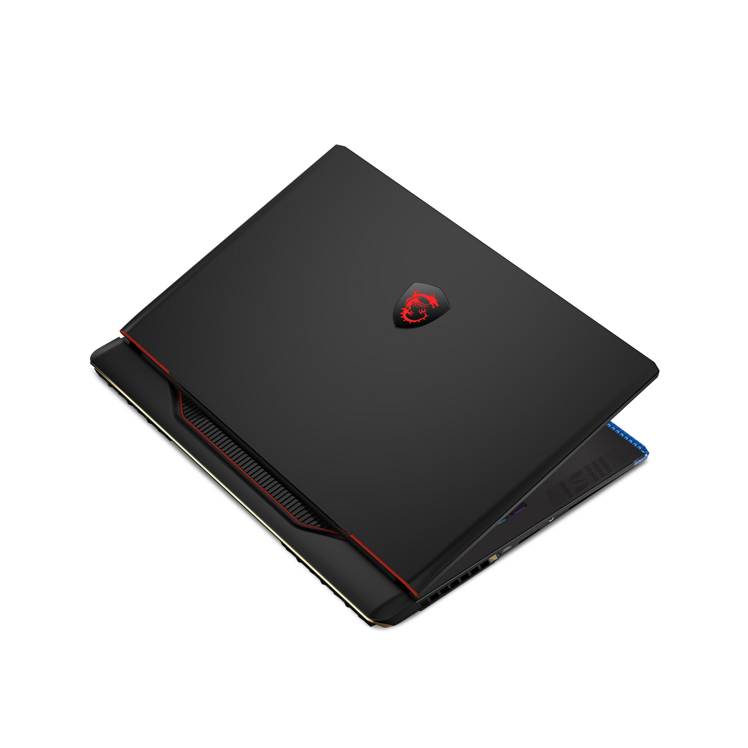 Un portátil negro, cerrado, con un logotipo rojo en la parte superior. Acentos rojos y azules visibles.
