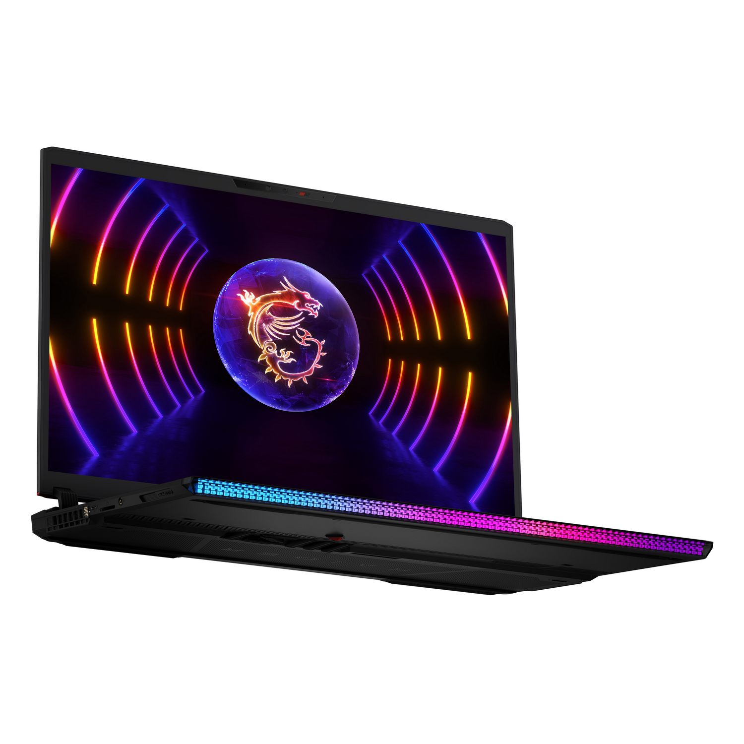 Portátil gaming MSI, abierto. Cuerpo negro, luces RGB. Pantalla muestra logo dragón.
