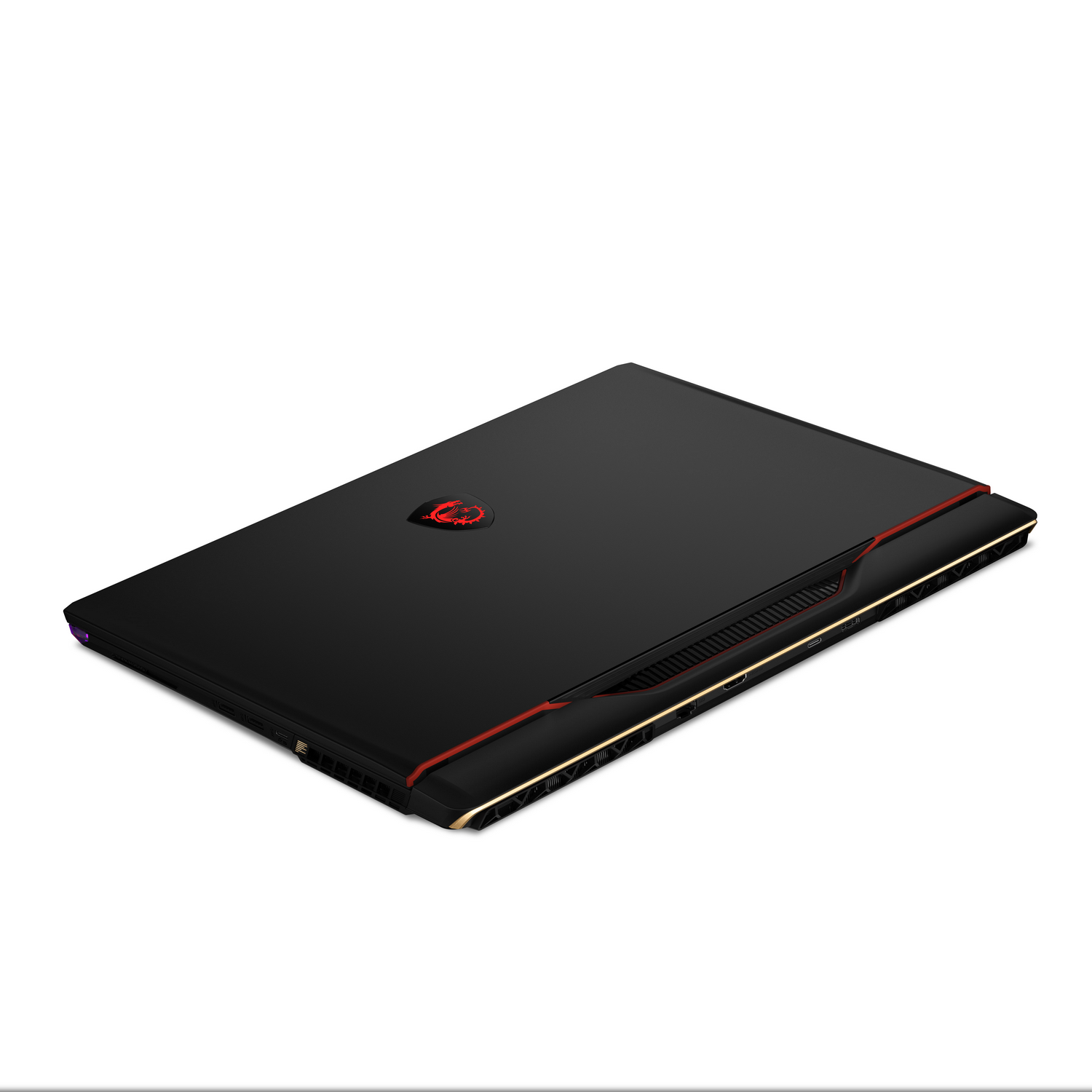 Una laptop negra en posición cerrada. Tiene una franja roja en la parte superior y un logotipo en la tapa.