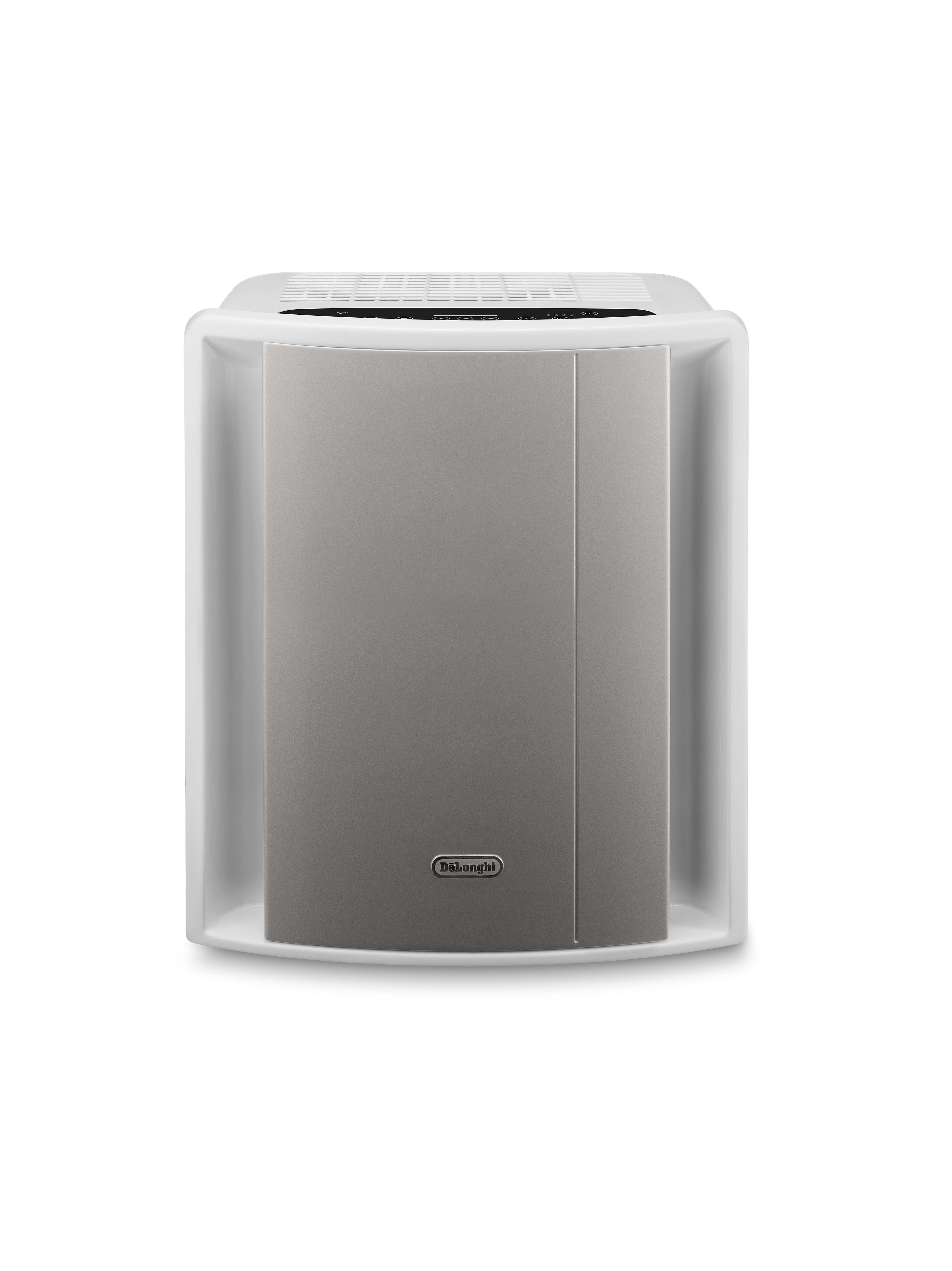 Ein weißer Luftreiniger mit silberner Front und DeLonghi-Logo.