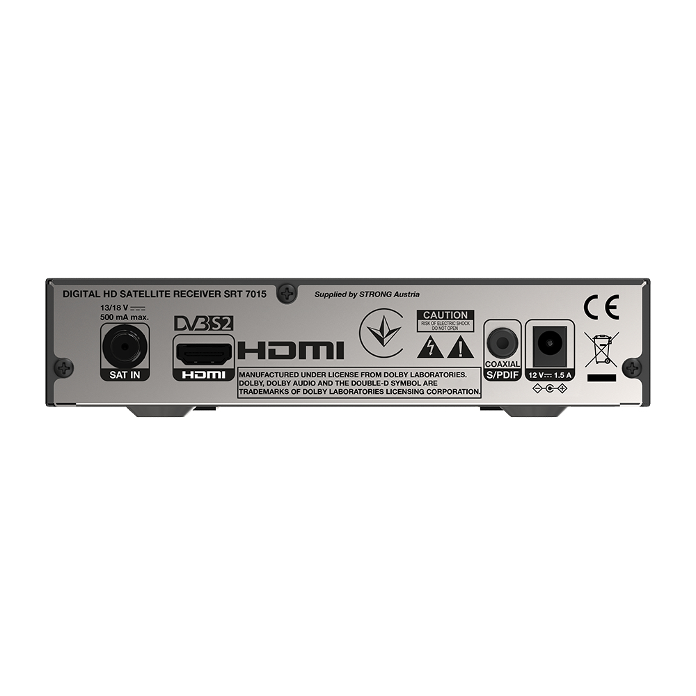 Rückansicht eines digitalen HD-Satellitenreceivers mit Anschlüssen und Beschriftungen.