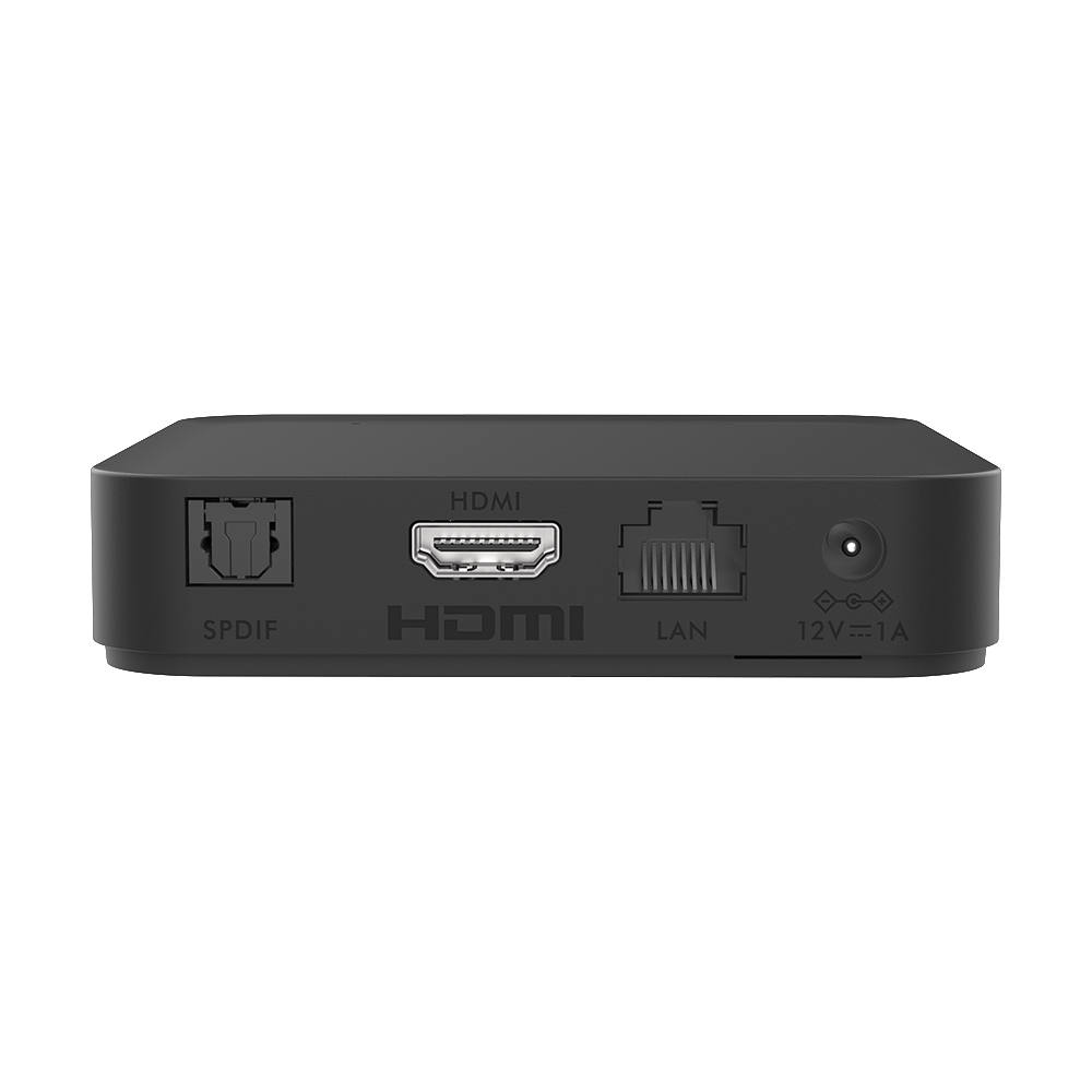 Schwarzes Gerät mit Anschlüssen: SPDIF, HDMI, LAN und Strom. Weißer Hintergrund.