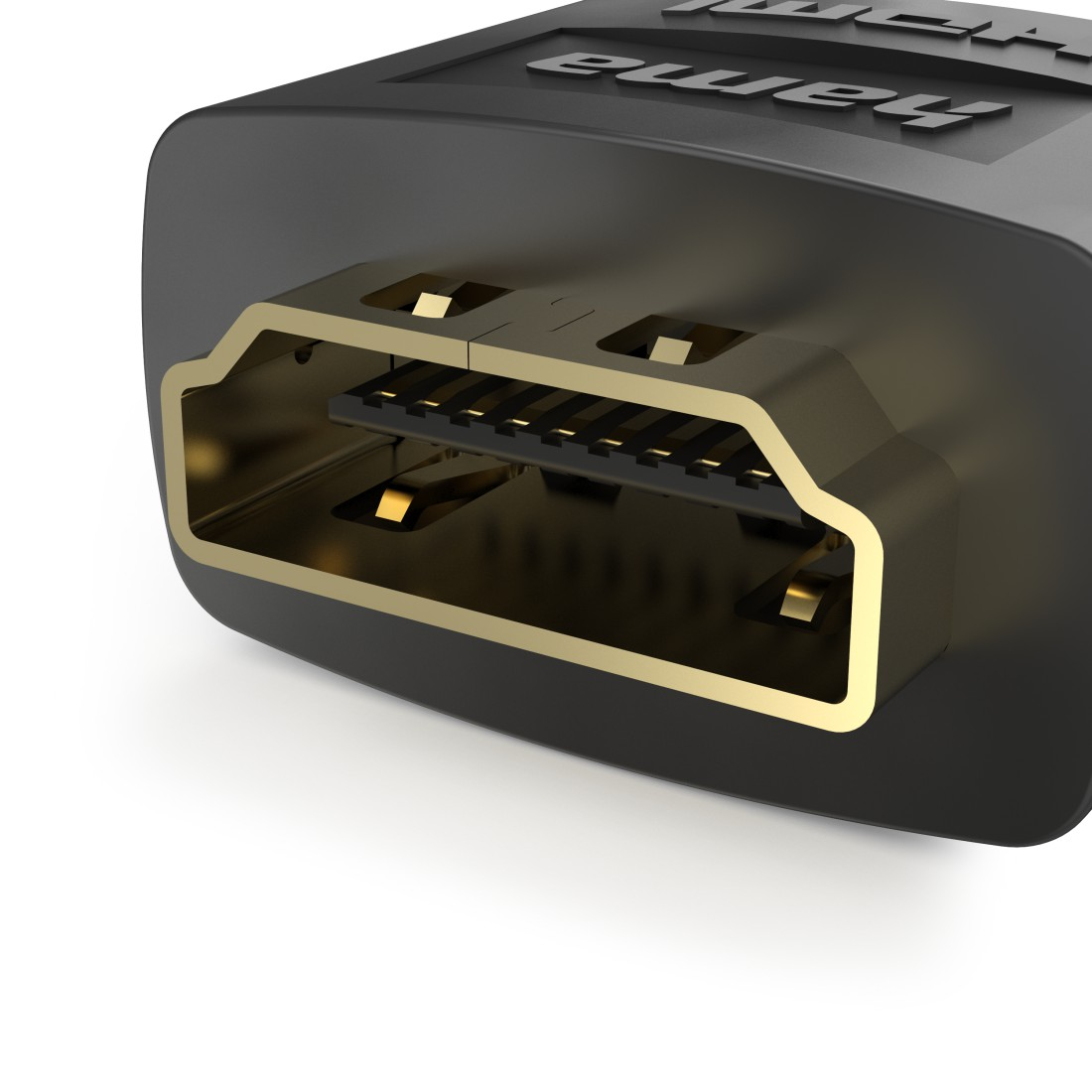 Nahaufnahme eines schwarzen HDMI-Anschlusses mit goldenen Pins. Weißer Hintergrund.