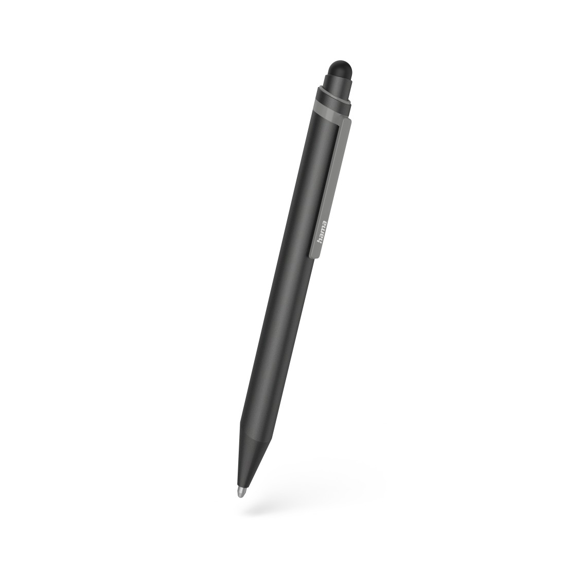 Ein dunkelgrauer Stift mit silbernem Clip und dem Wort 'hama' darauf, vor weißem Hintergrund.