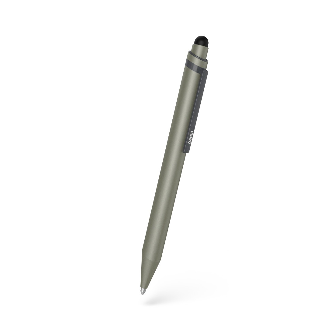 Ein grauer Eingabestift mit schwarzer Spitze und Clip mit "hama"-Text vor weißem Hintergrund. Der Stift ist nach rechts geneigt.