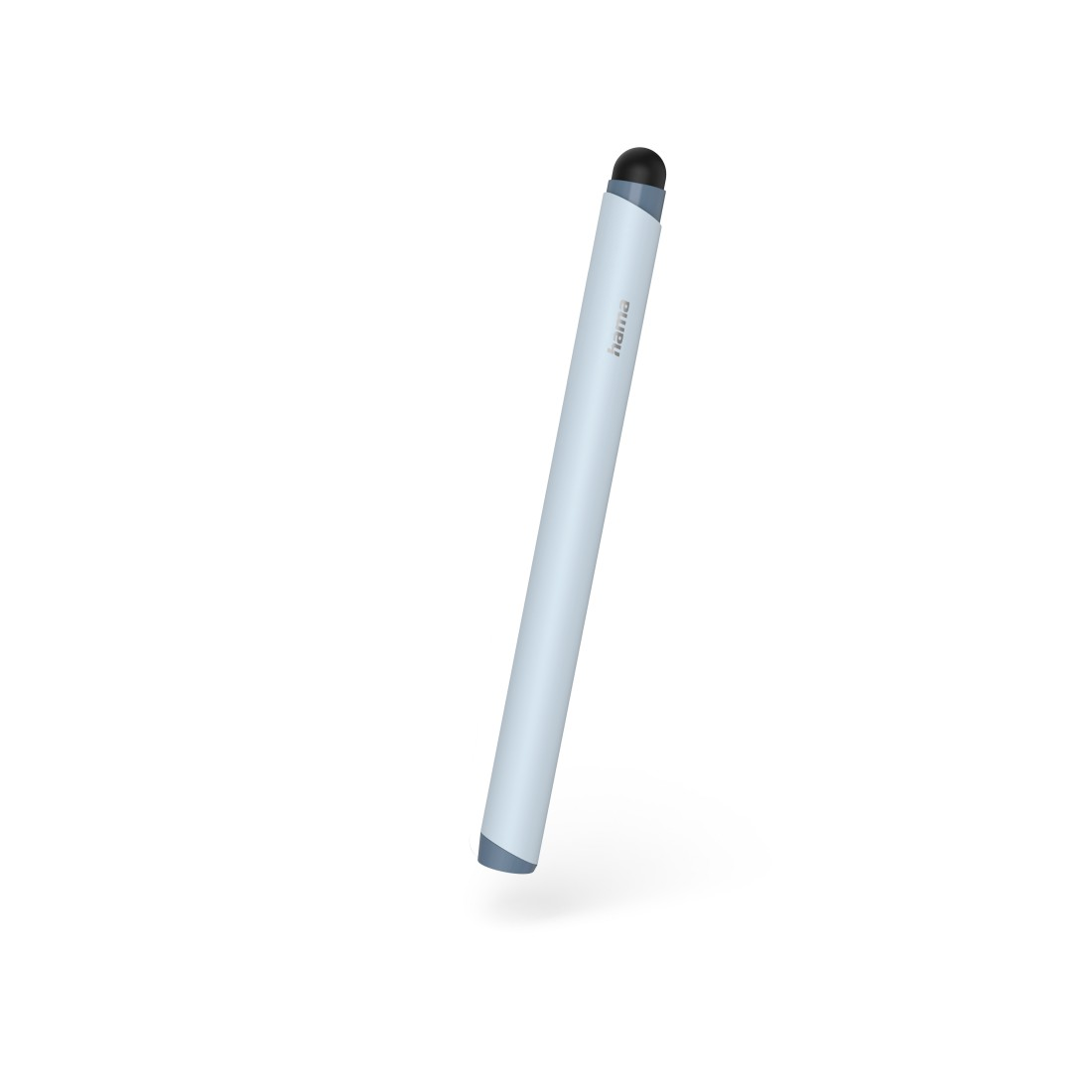 Hellblauer Stylus-Stift mit schwarzer Spitze und silbernem Band. Der Markenname 'hana' ist aufgedruckt.