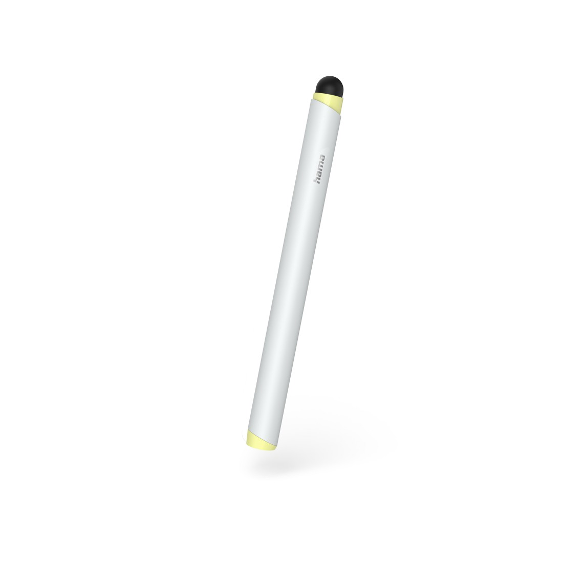 Weißer Stift mit schwarzer Spitze und gelben Akzenten, isoliert auf Weiß.