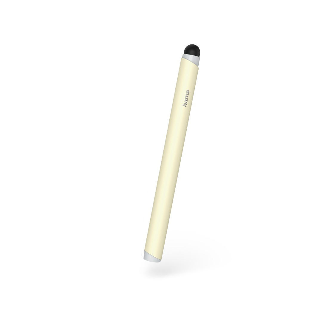 Ein cremefarbener Stylus-Stift mit silbernem Akzent unten und schwarzer Spitze auf weißem Hintergrund.