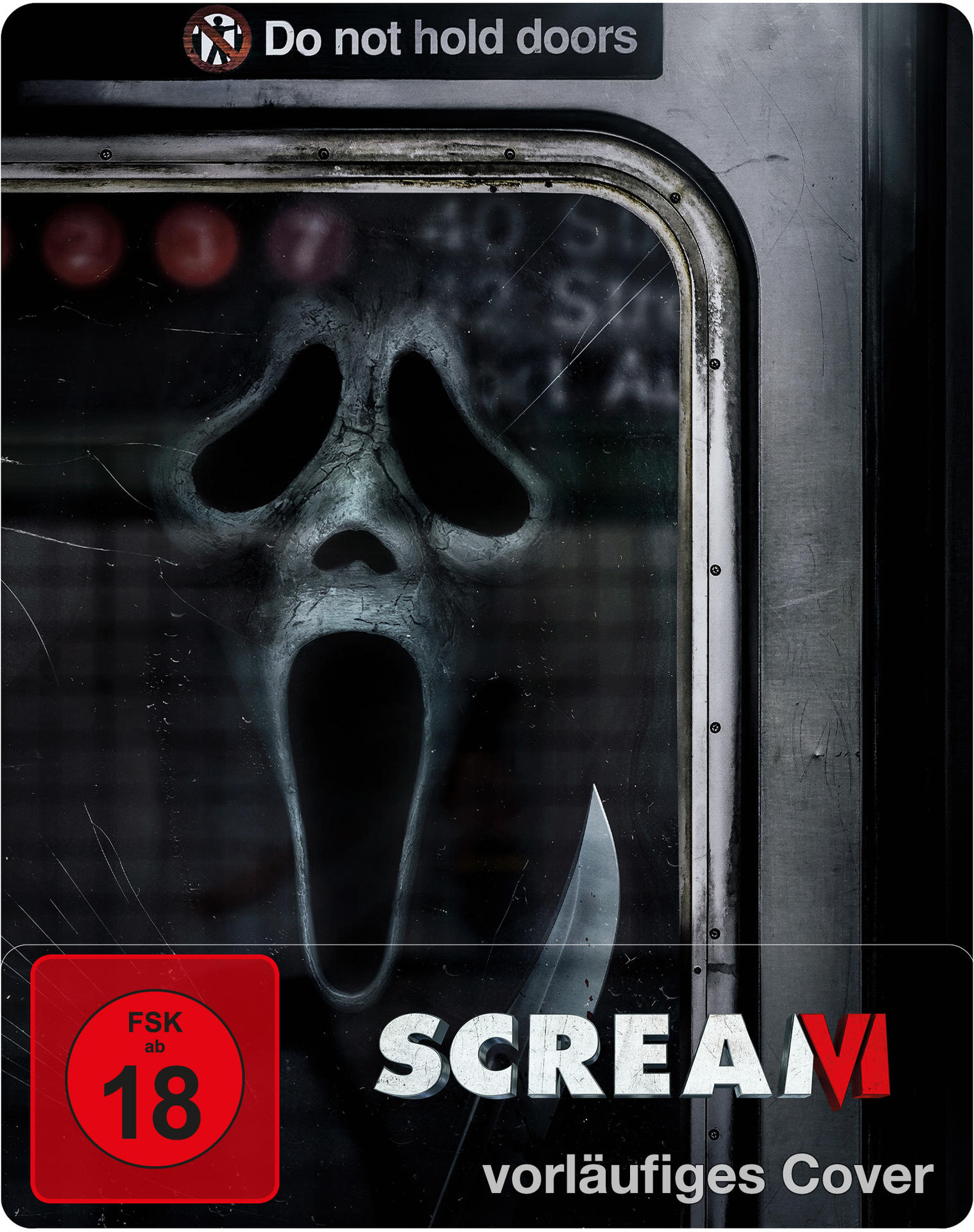Ein DVD-Cover für 'Scream VI' mit einer Geistermaske und einem Messer in einem U-Bahn-Wagen.