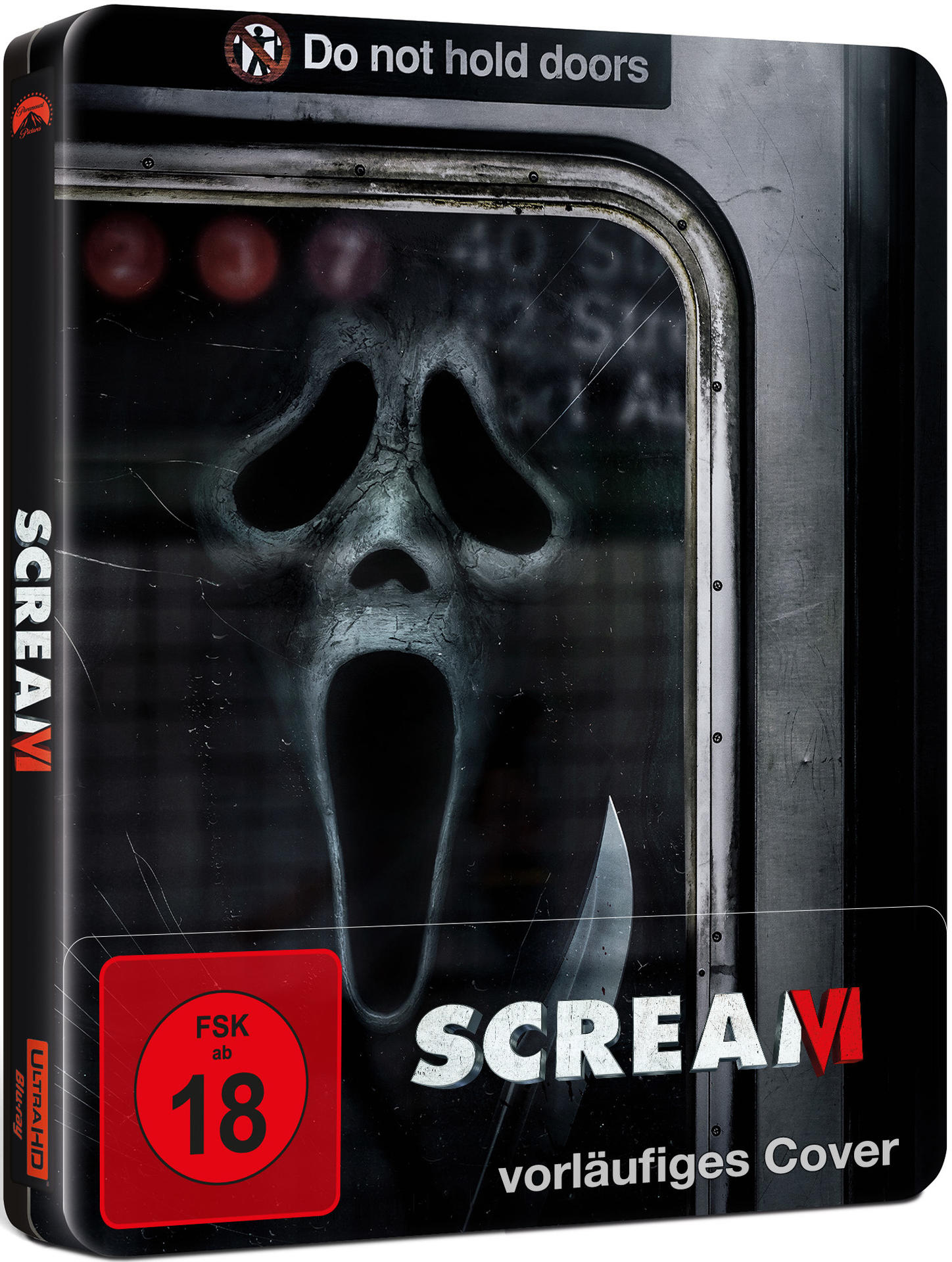 Eine Blu-ray-Hülle des Films Scream VI, mit einem Geistergesicht in einem Zug.