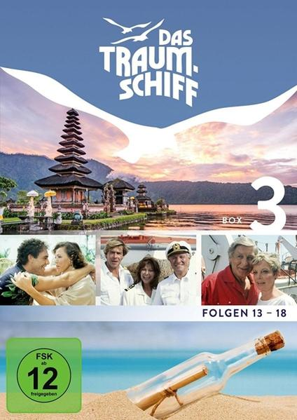 DVD-Cover von Das Traumschiff, ein Schiff auf einem See mit Tempel und Schauspielern.