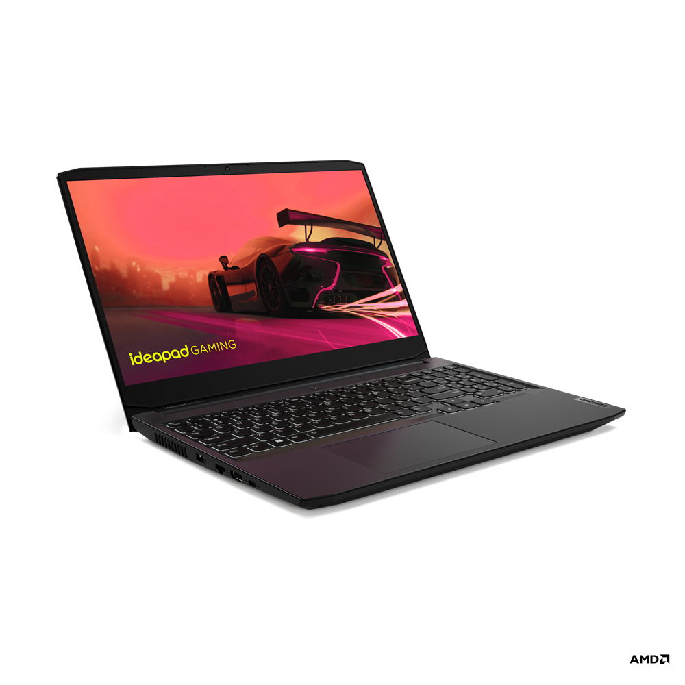 Un portátil Lenovo Ideapad para juegos. La pantalla muestra una escena de carreras de coches. El logotipo de AMD está en la parte inferior.